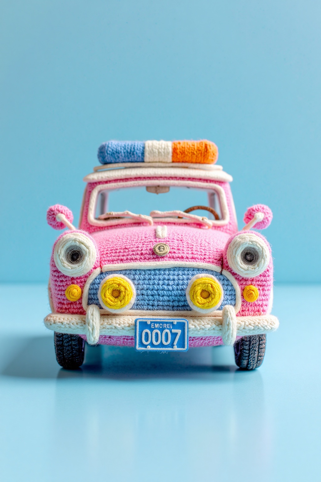 beijihui,Captured in a close-up eye-level shot,a crocheted toy car is adorned with a blue and yellow license plate,adorned with the number 0007. The car is a vibrant shade of pink,with a light blue background,adding a pop of color to the scene. The toy car itself is **** of a soft,fuzzy material,adding texture and depth to the composition.,