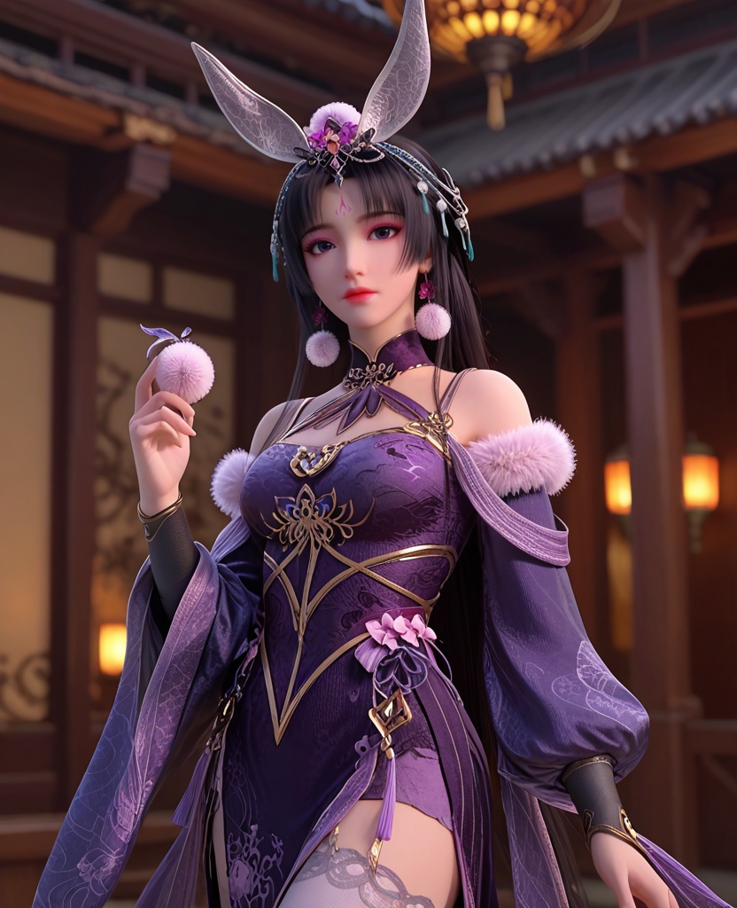 (oriental architecture, elegant decor, sophisticated style:1.1),(holding object:1.1),(breasts:1.2),<lora:XL暗河传慕雨墨:0.85>,miss muyumo,purple halter dress,pom pom \(ornament\),rabbit ears hair ornament,jewelry,puffy long sleeves,forehead mark,fur trim,black hair,long hair,purple eyes,parted bangs,white thighhighs,, score_9,score_8_up,score_7_up,score_6_up,score_5_up,score_4_up,3d rendering,tag1,tag2, Cinematic Lighting,backlighting,