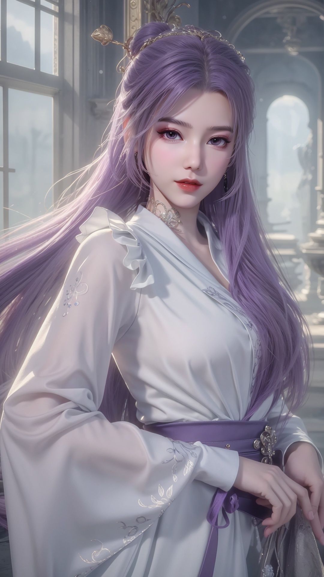 <lora:YX_20240409134143-000008:0.5>,YX,1girl,solo,hair ornament,purple hair,jewelry,purple eyes,hair bun,looking at viewer,closed mouth,portrait,realistic,nose,bangs,parted bangs,bare_legs,snow white skin,1girl,solo,purple hair,long hair,hair ornament,dress,upper body,purple eyes,long sleeves,hair bun,looking at viewer,cloud,chinese clothes,sky,closed mouth,own hands together,single hair bun,cloudy sky,white dress,sexy,seduce,naked,(fullbody,Long distance shot),cinematic lighting,glowing point,<lora:HDR:0.5>,<lora:MHB:0.3>,GONGDIAN,<lora:GONGDIAN_20240315224227:0.7>,inside the palace,window,couch,carpet,