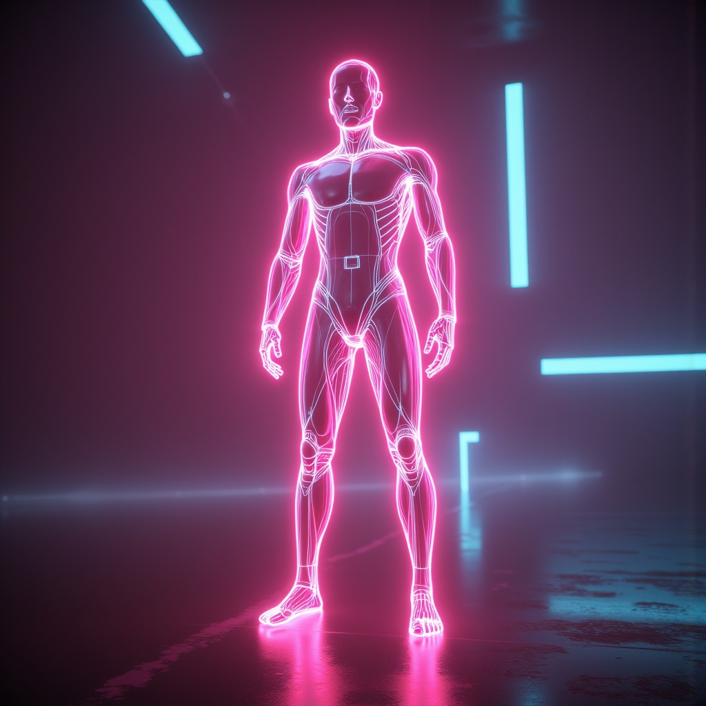 arafed image of a man standing in a neon light,ash thorp,cgsociety 9,3 d render of a full female body,glowing neon vray,Mike Winkelmann,greg beeple,xparticles,gynoid body,octane render : :,full body cgsociety,beeple art,beeple masterpiece,digital human,beeple |,futuristic robot body,3d render of a man's body,rendred in redshift,wlop : : 6 octane render : :3,full body 8k,physicality-based render,3 d sculpture 8 k octane render,3 d neon art of a womens body,quality astral projection render,symetric body,beeple and mike winkelmann,cinematic beeple,3 d geometric neon shapes,dmt imagery. octane render,glowing neon skin,beeple artwork,octane render aesethic,beeple global illumination,