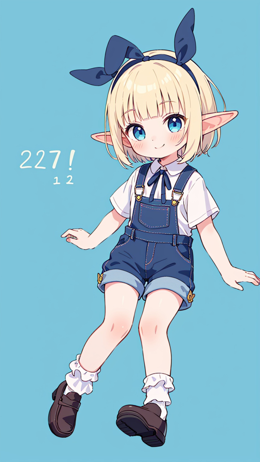 (masterpiece),(best quality),illustration,1girl,loli,(child),kawaii,solo,elf,blonde hair,short hair,blunt bangs,elf ears,blue eyes,ribbon,neck ribbon,black ribbon,bangs,smile,shirt,blue ribbon,overalls,shorts,bobby_socks,loafers,