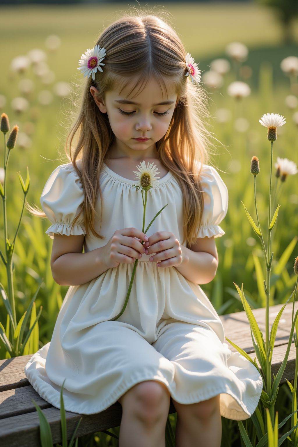 A young girl with porcelain-like pale skin, sitting on a worn wooden bench in a serene meadow. Soft sunlight filters through the lush green grass, casting a warm glow on her delicate features. Her eyes are cast downward, as if lost in thought, while her slender fingers toy with a wilting wildflower.