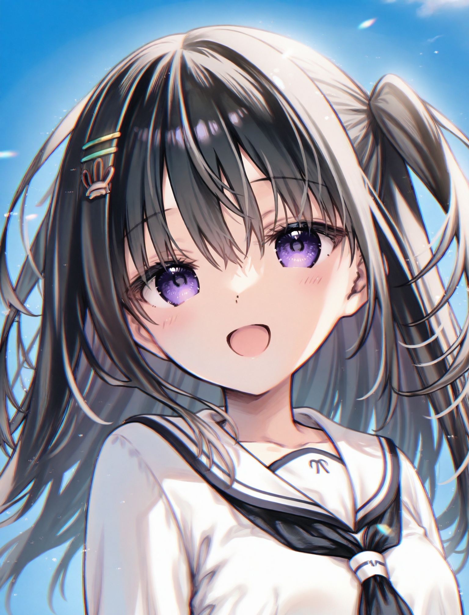 masterpiece,absurdres,best quality,petite,high quality,//,1girl,solo,purple eyes,white sailor collar,black hair,sailor collar,looking at viewer,smile,hair ornament,one side up,black neckerchief,school uniform,hairclip,white shirt,shirt,long hair,hair between eyes,open mouth,blush,neckerchief,upper body,chromatic aberration,blue sky,:d,sky,white serafuku,serafuku,outdoors,dot nose,day,blurry,floating hair,close-up,light blush,breasts,<lora:yuzuna_hiyo——【CKXL】hans:0.88>,