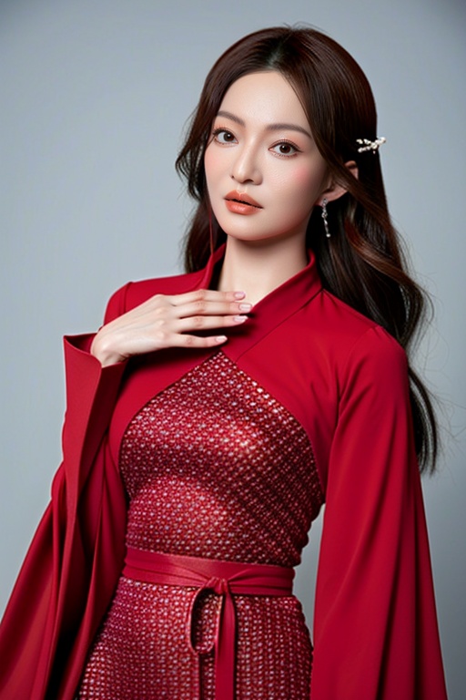 (masterpiece, top quality, best quality, official art, beautiful and aesthetic:1.2),,1girl,solo,hair ornament,jewelry,hanfu dress,red dress,earrings,chinese clothes,brown hair,ribbon,hanfu,red ribbon,shawl,song_hanfu,(big breasts:1.39),monkren,<lora:zhangshaohan:1>