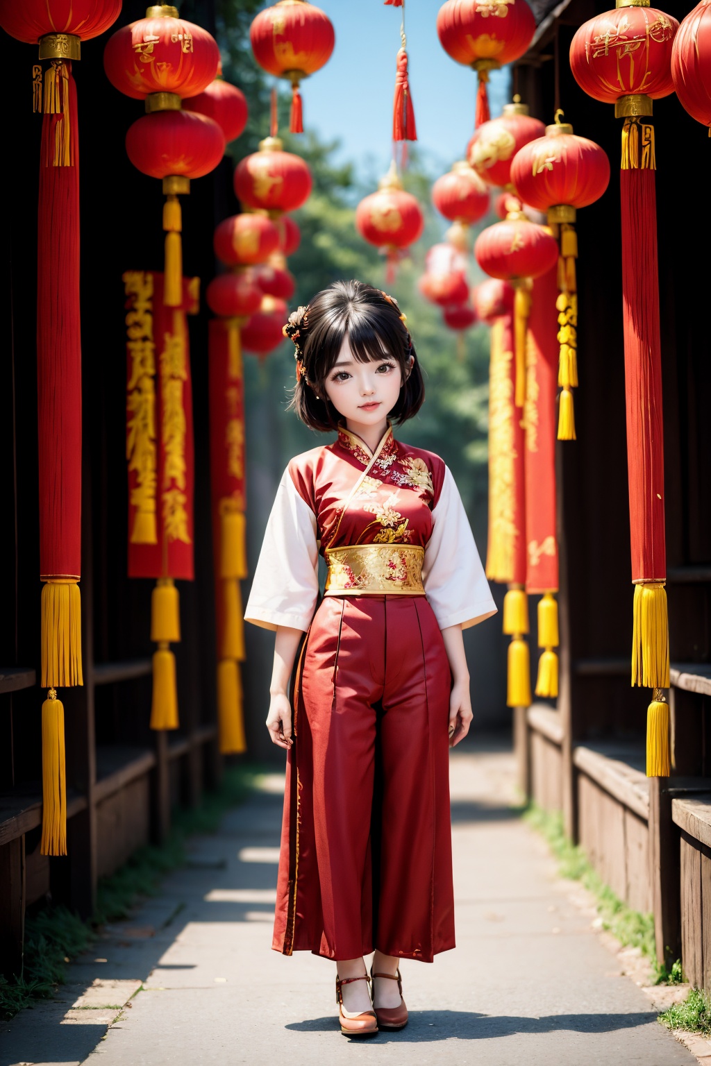 <lora:ChineseNewYear:0.8>, chinese new year, girl, (smirk:-0.4), short hair, arms at sides, red chinese clothes, trousers, paper lantern, full body, leather shoes,