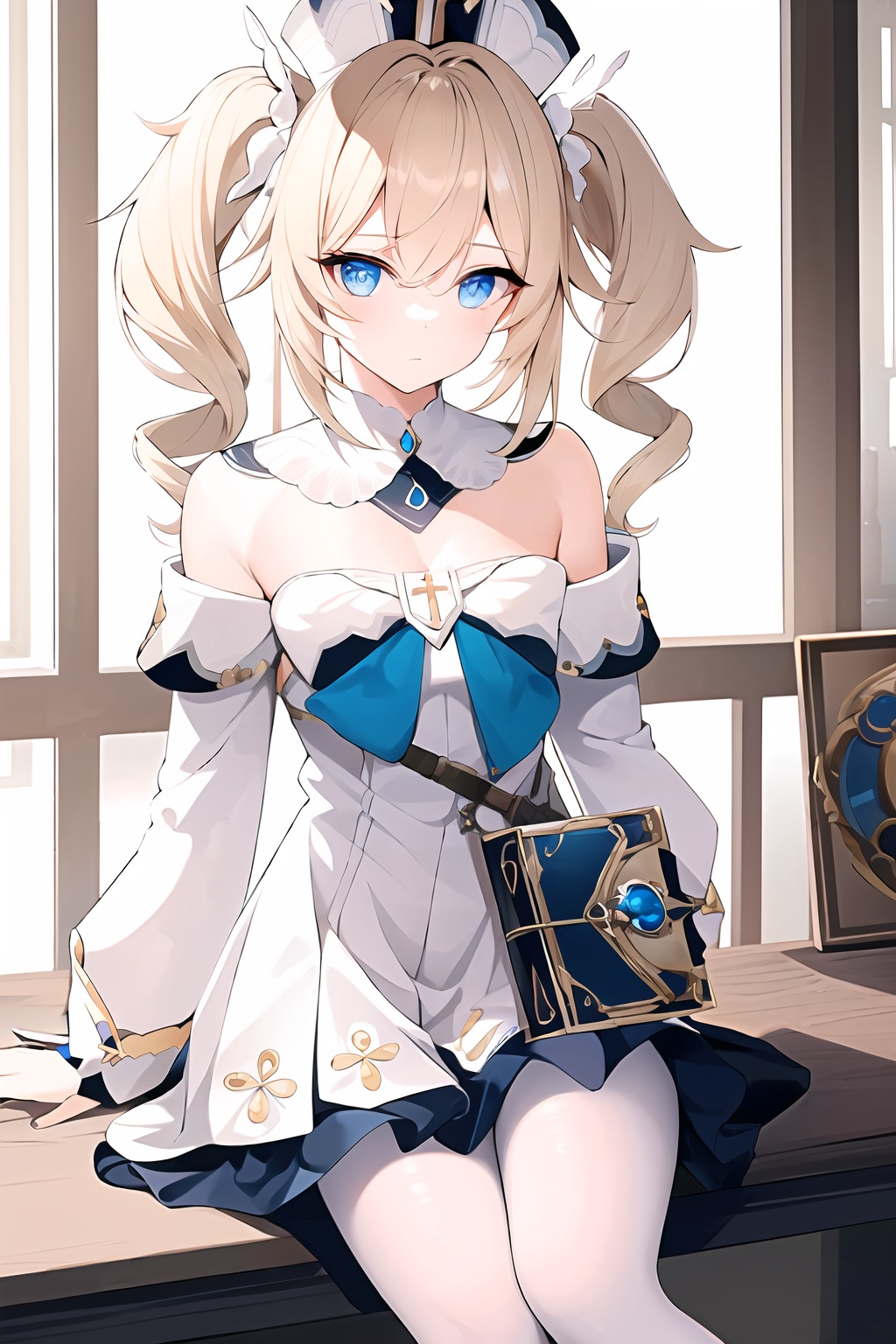 (masterpiece, best quality:1.2),insanely detailed,absurdres,ultra-highres,ultra-detailed,best quality,slender,kawaii,perfect symmetrical face,ultra cute girl,ultra cute face,ultra detailed eyes,ultra cute,ultra beautifu,<lora:barbara-000001:1>,barbara\(Innocent Longing\)\(genshin impact\),barbara \(genshin impact\),1girl,solo,white dress,blue eyes,twintails,hat,standing,blonde hair,white pantyhose,book,black footwear,cross,long sleeves,detached sleeves,twin drills,neck ring,bare shoulders,breasts,outdoors,sitting,