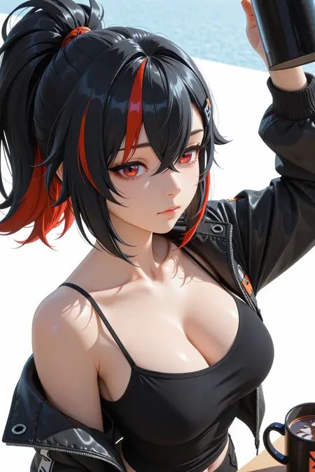 1girl,alternate_costume,arm_up,black_camisole,black_hair,black_jacket,breasts,camisole,closed_mouth,collarbone,cup,day,from_above,highres,htbjca3l,jacket,large_breasts,mug,multicolored_hair,ponytail,red_eyes,red_hair,single_off_shoulder,solo,streaked_hair,upper_body,zenless_zone_zero,zhu_yuan