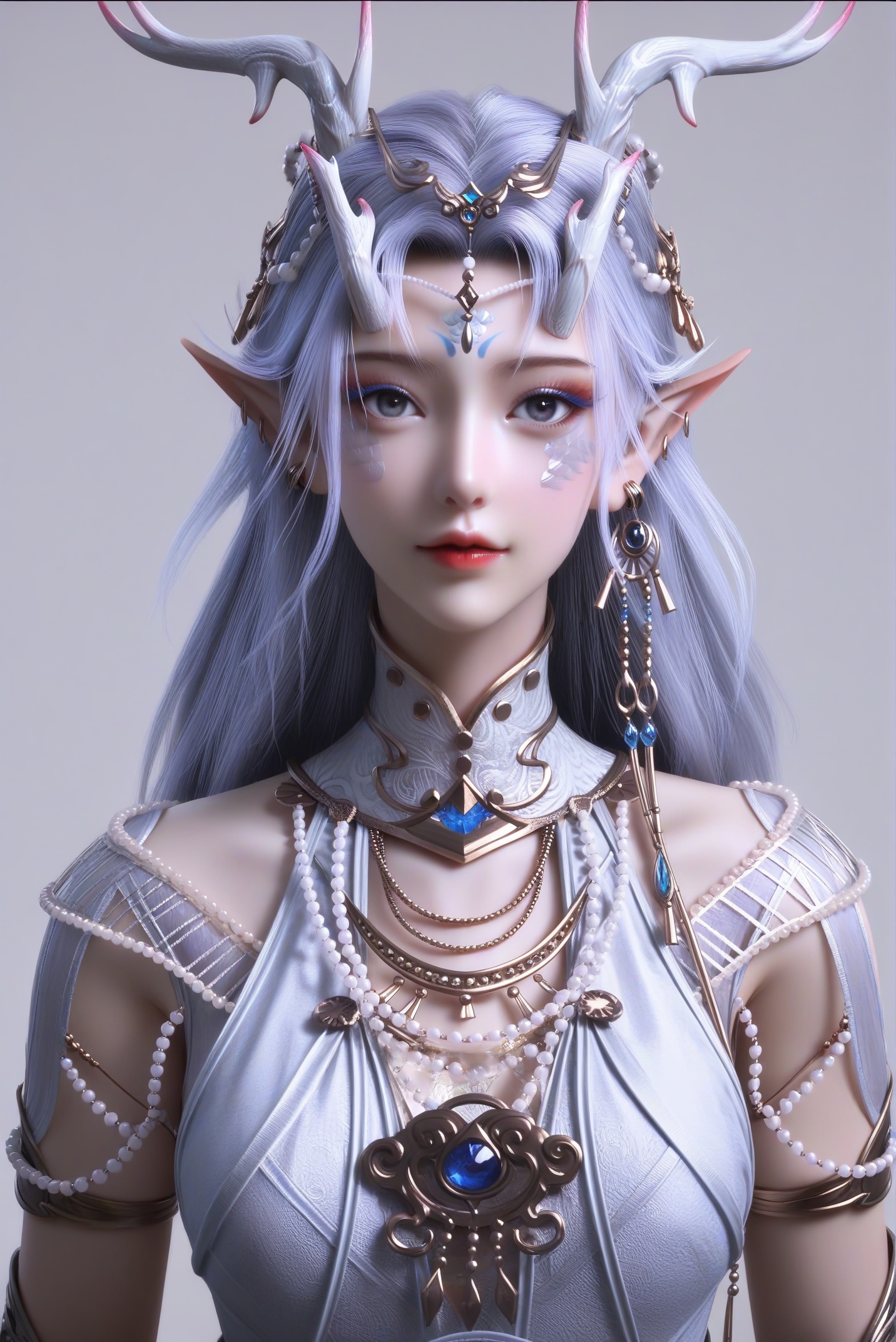 masterpiece,best quality,absurdres,highres,mature female,glamor,(slender:1.1),solo,<lora:念云-ill:0.83>,nianyun,long hair,silver hair,dragon horns,hair ornament,elf ears,dangling earrings,facial mark,forehead mark,ear piercing,eyeshadow,purple yes,black_pupils,light blush,BREAKcollarbone,(narrow waist),blue gemstone,white pearls,high collar,layered necklace,fantasy dress,pearl necklace,looking at viewer,(front view),standing,cowboy shot,BREAK (white_skin:1.1),(fair_skin:1.1),realistic,simple background,white background,