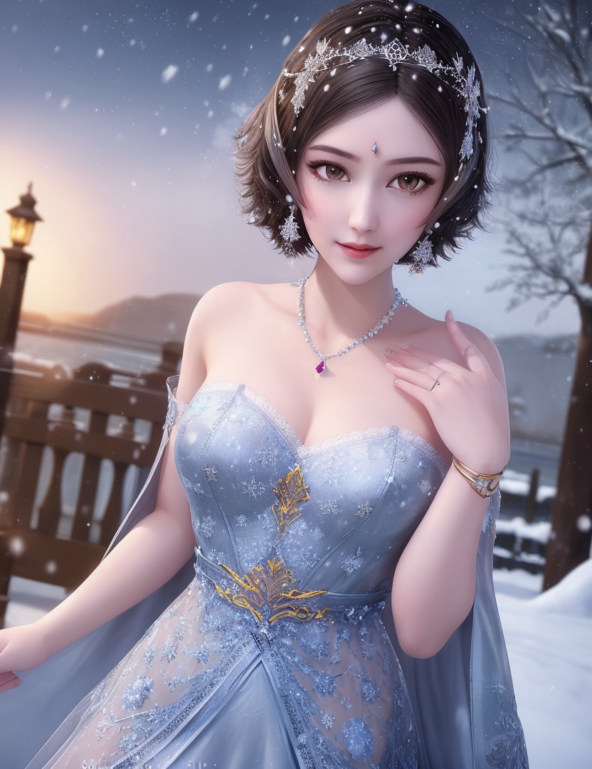 ultra realistic 8k cg, flawless, clean, masterpiece, professional artwork, famous artwork, cinematic lighting, cinematic bloom, perfect face, beautiful face, fantasy, dreamlike, unreal, science fiction,   lace, lace trim, lace-trimmed legwear, luxury, jewelry, diamond, gold, pearl, gem, sapphire, ruby, emerald, intricate detail, delicate pattern, charming, alluring, seductive, erotic, enchanting, hair ornament, necklace, earrings, bracelet, armlet,halo,autumn,((,1girl, pov,best quality, ))  , ((((1girl, solo,outdoors, large breasts,,snowflakes,  snow, snowing,   ))))    <lora:DA_BaiCai:0.7>