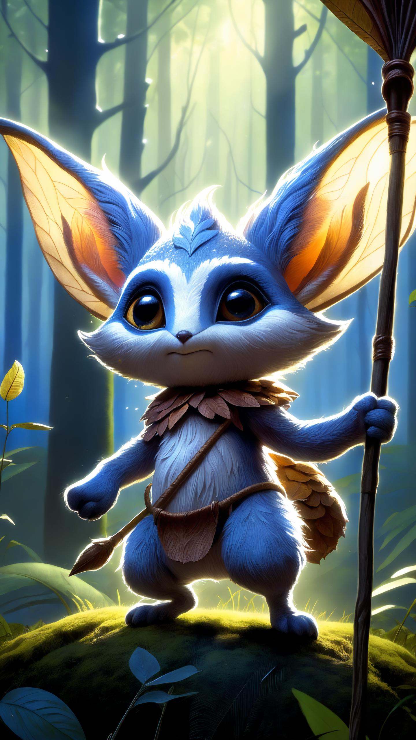 illustration of a little magical cute forest creature. The creature IS holding a spear. fantasy art,  intricate details,...