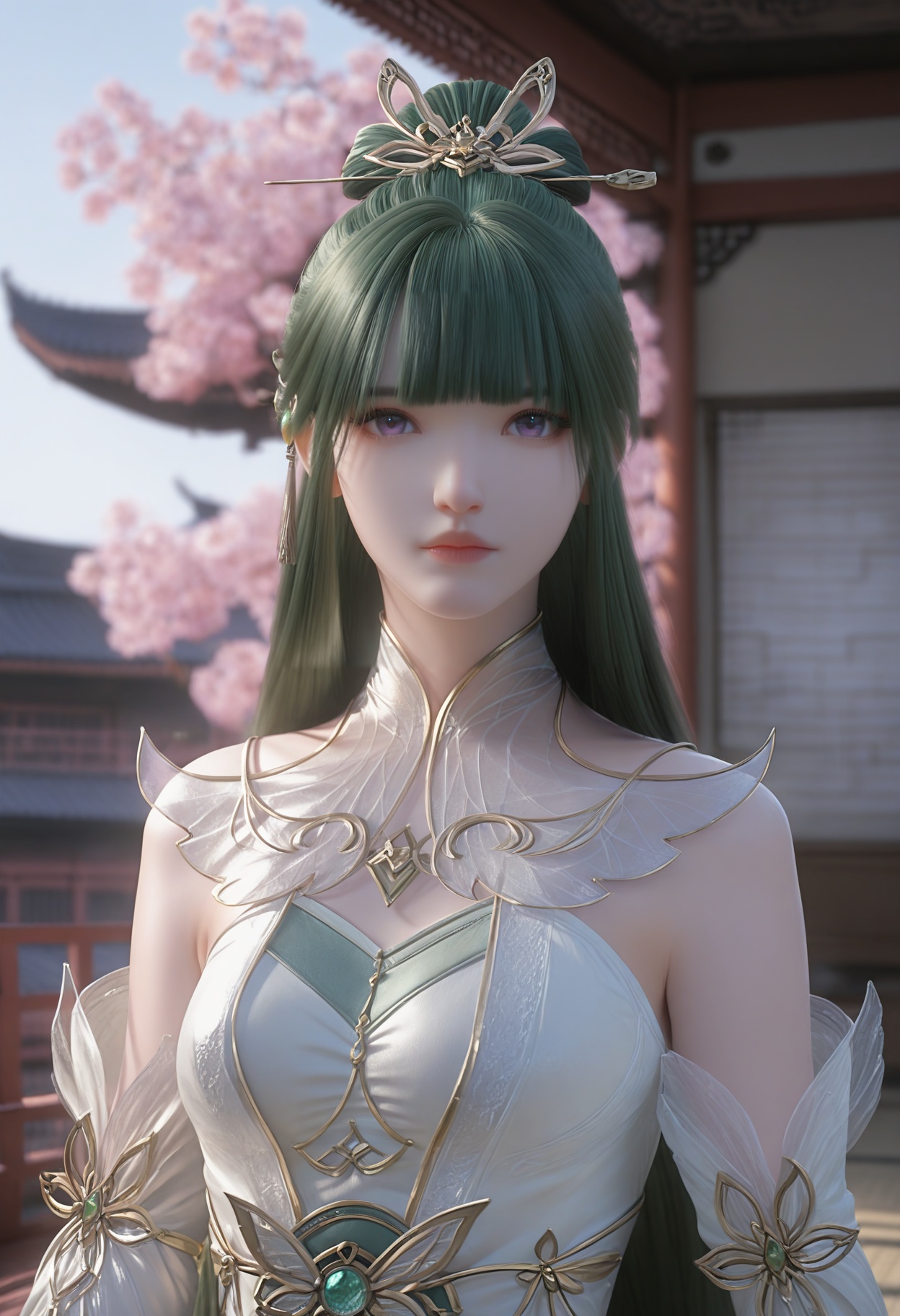 Fu_qu,1girl,green hair,hair ornament,long hair,bangs,blurry background,anklet,barefoot,purple eyes,bare shoulders,<lora:Fu_qu_10_illu-000004:0.75>,white dress,green dress,detached sleeves,see-through,gold trim,photorealistic,hyperrealistic,<lora:realistic filter [IL]:1>,(pale skin:1.2),looking at viewer,standing,(upper body:1.2),close up,head shot,lantern,open window,looking at viewer,indoors,mountains,blossoms,flowers,east asian architecture,beautiful sunrise,warm ambient temperature,