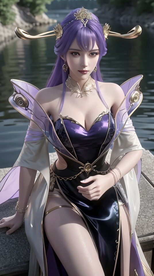 ultra realistic,high-definition,hd,8k,1 girl,Large breasts,Cleavage of breast,Purple hair,jewelry,Crown of the head,Dress,Ribbon,Wide sleeves,Long hair,Sitting by the lake,lake water,solo,,<lora:c1a68909a27f1902dc80d29115e4accf1bad0aab498ef3748cb8956339003b8b:0.6>