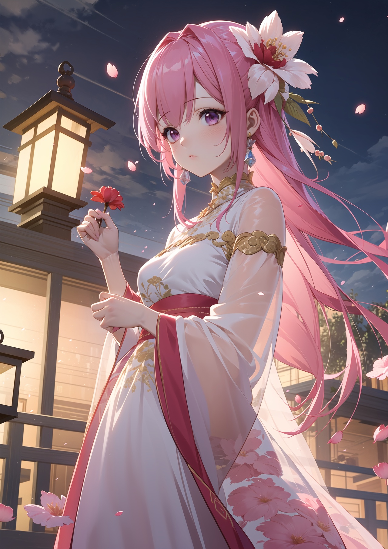 masterpiece,best quality,1girl,hair ornament,long hair,flower,pink hair,solo,dress,jewelry,night,lantern,petals,looking to the side,hair flower,see-through sleeves,