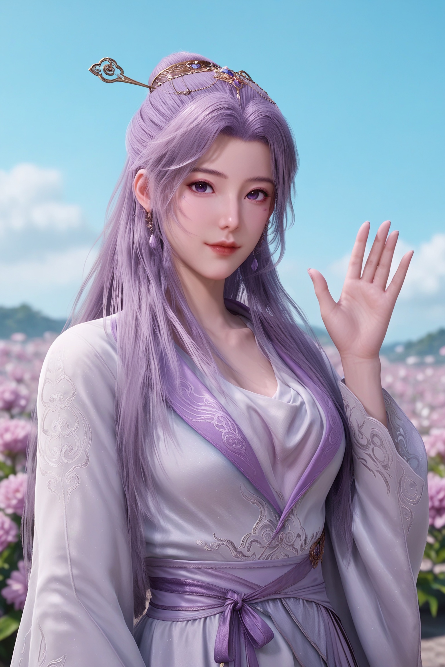 score_9,score_8_up,score_7_up,score_6_up,(arms_up:1.1),(waving:1.1),1girl,solo,gaden,the background is full of flowers,starry Nebula,beautiful detailed sky,looking at viewer,hand up,<lora:师兄啊-云霄仙子Pony:0.7>,long lavender hair,styled in an elegant updo adorned with a golden hairpin.Her eyes are a soft,light blue,wears a traditional,semi-formal outfit with a flowing,white robe-like garment that features intricate,lavender embroidery on the sleeves and chest.,