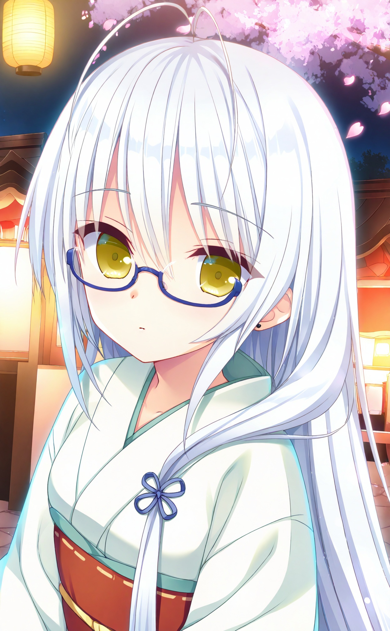 masterpiece,highres,absurdres,newest,best quality,loli,petite,high quality,chromatic_aberration,//,umino_miyako,white_hair,yellow_eyes,long_hair,antenna_hair,hair_between_eyes,glasses,blue-framed_eyewear,semi-rimless_eyewear,under-rim_eyewear,expressionless,closed_mouth,white kimono with red obi, floral hairpin,shrine, falling cherry blossoms, night festival lanterns//,<lora:umino_miyako——【noob】hans:1>,