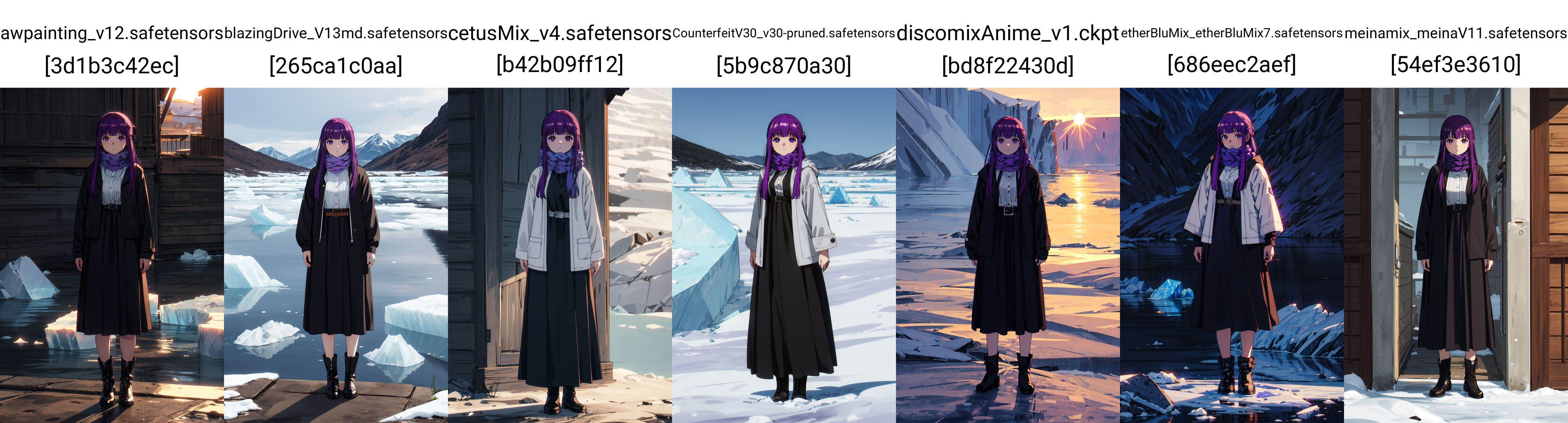 masterpiece,best quality,cinematic lighting,1girl,solo,full body,(looking at viewer:1.1),(standing:1.2),<lora:lora-000010.by_tusi:1>,Fern_SNF,purple hair,very long hair,blunt bangs,sidelocks,half updo,purple eyes,scarf,purple scarf,jacket,(white jacket:1.4),long dress,(black dress:1.4),long sleeves,sleeves past wrists,belt,boots,BREAKwinter,Glacier lake,Afternoon sun,Icebergs,sunlight,<lora:增强减少细节add_detail:0.5>,8k,ultra-detailed,