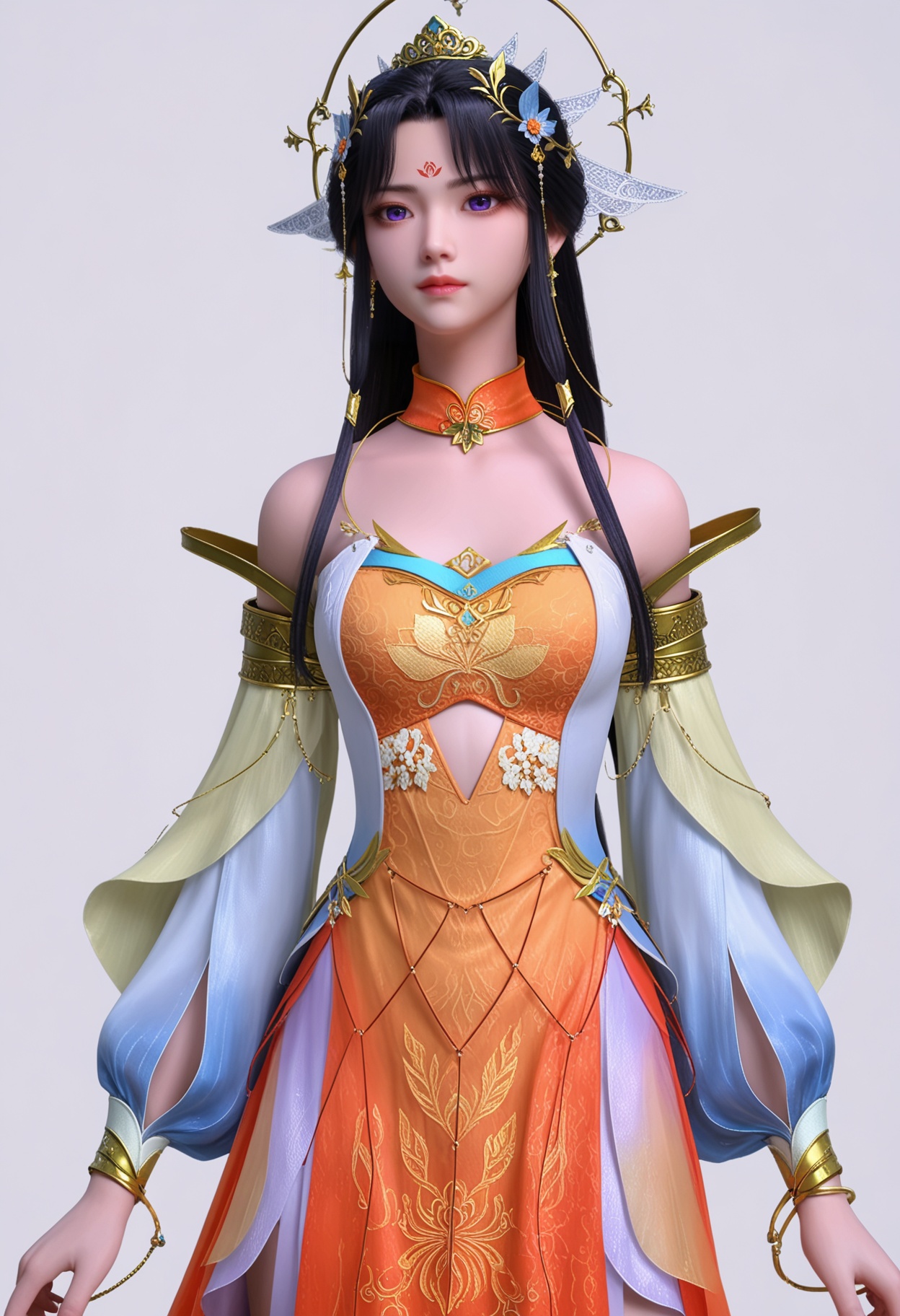 score_9,high detail,best quality,shiny skin,shiny,miaomiao,1girl,solo,purple eyes,black hair,hair ornament,long hair,dress,bare shoulders,white background,jewelry,detached sleeves,forehead mark,closed mouth,detached collar,simple background,earrings,orange dress,realistic,long sleeves,expressionless,bracelet,looking at viewer,thighs,<lora:QQSponymiaomiaoV1:0.8>,<lora:Pony_DetailV2.0:0.8>,<lora:皮肤凹痕:0.1>,