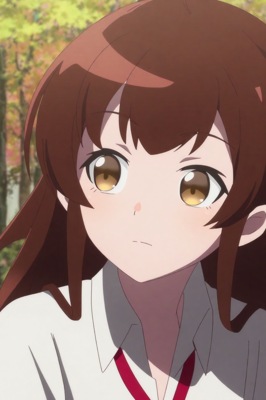 Megu Razuberī,Megu Razuberī, 1girl, solo, brown eyes, brown hair, long hair, shirt, closed mouth, outdoors, collared shirt, white shirt, hair bun, tree, portrait, school uniform