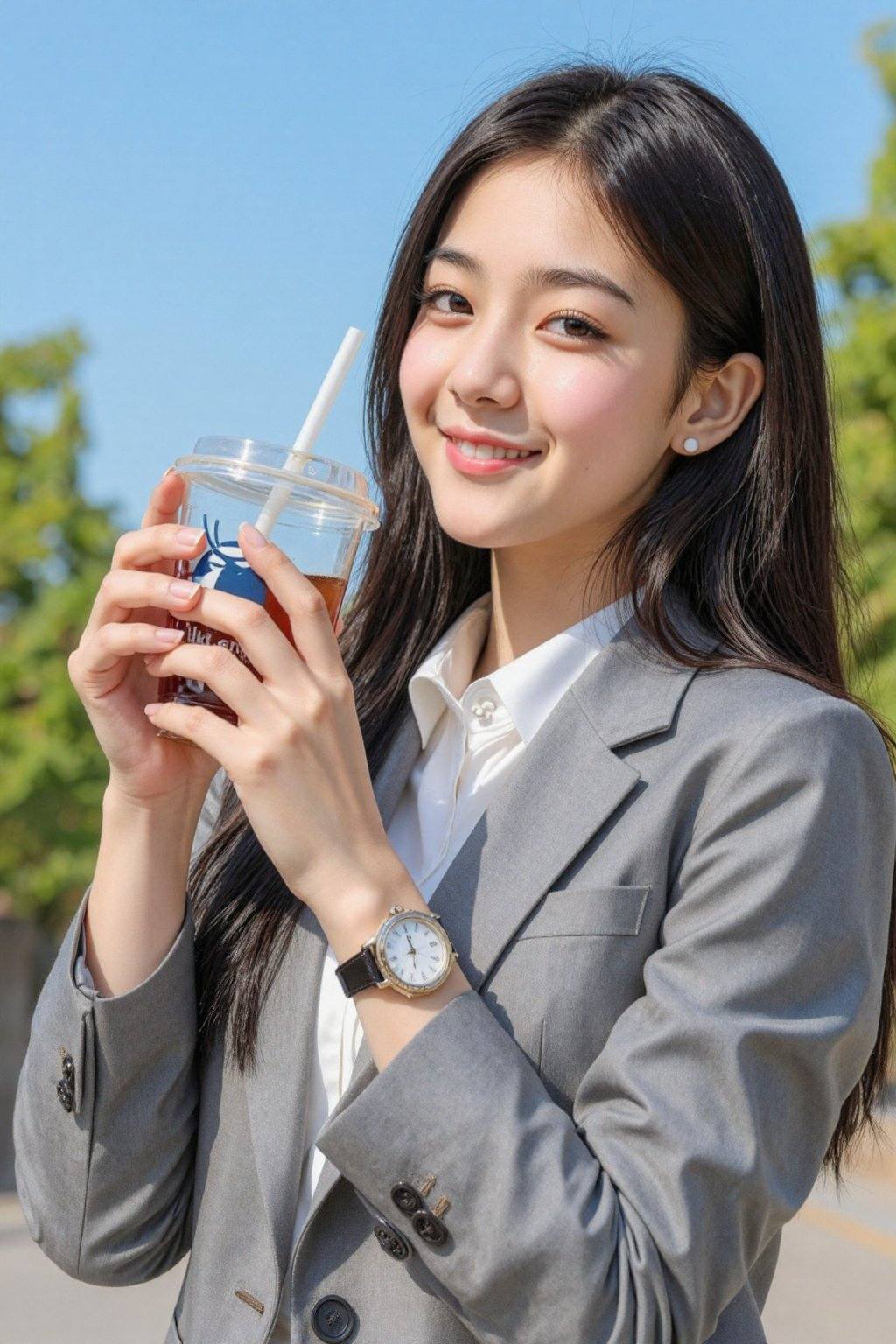 Photo of a young Asian woman with long black hair,  wearing a grey blazer,  white shirt on Tensor.Art