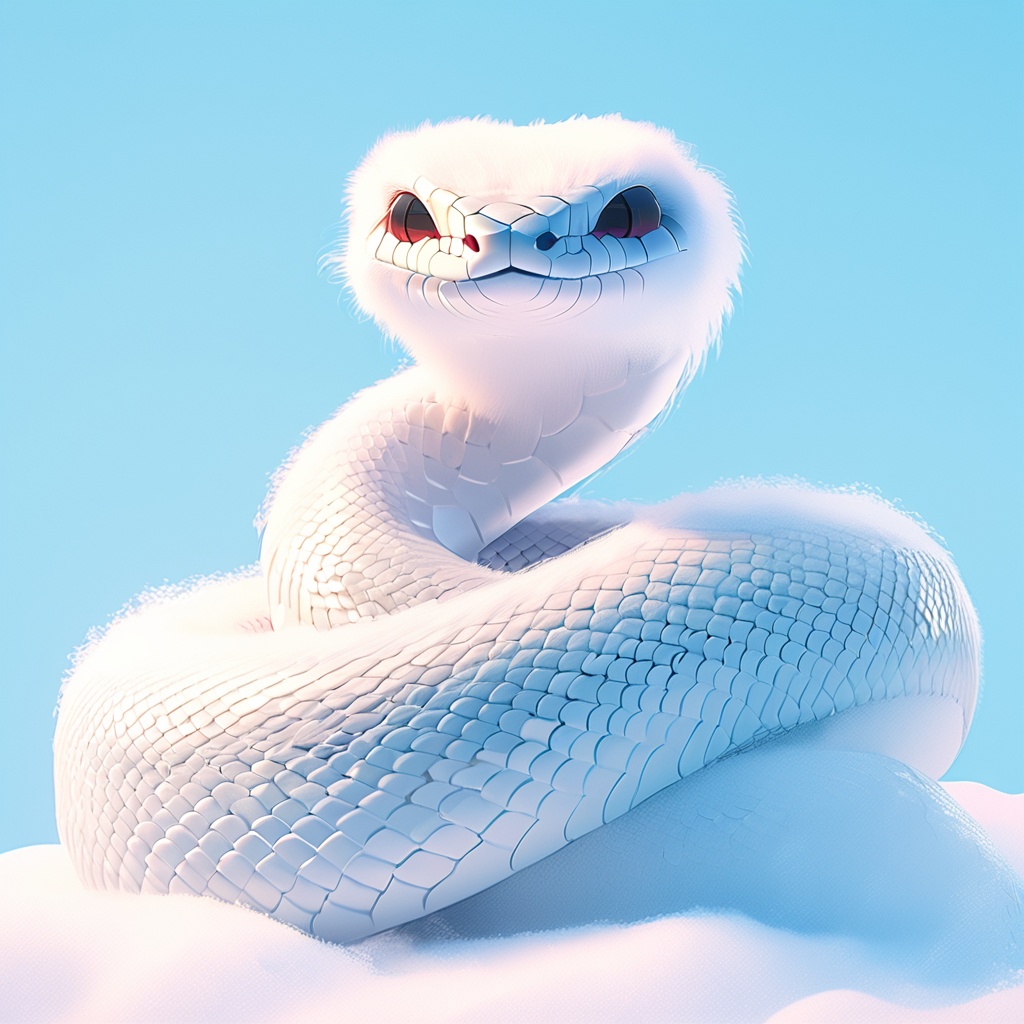 sishe,snake,cute,cc-color-correction,mf-movie-filter,warm colors,whimsy and dramatic lighting,white fur,soft lighting,fluffy,scales,white snake,snake focus,blue theme,blue background,no humans,close-up,simple background,day,looking at viewer,outdoors,oversized animal,snow,sky,<lora:sishe_xl:0.8>,
