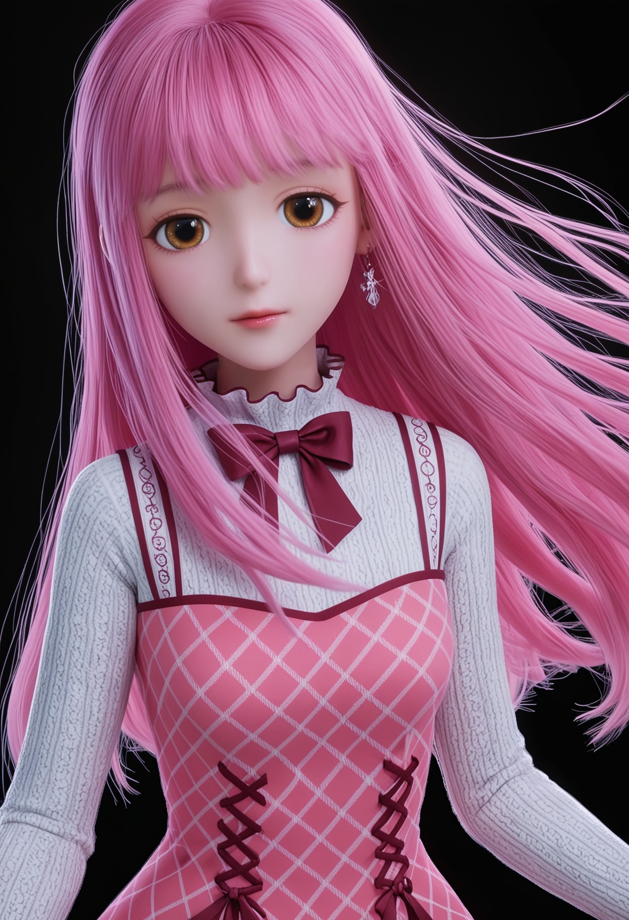 (upper_body:1.2),(looking at viewer:1.1),facing viewer,direct gaze,<lora:YQ_pony_nuannuan_fuzhuang18_V4:0.8>,q1528437228,1girl,solo,long hair,pink hair,dress,long sleeves,brown eyes,bow,jewelry,earrings,pink dress,bowtie,blunt bangs,shoes,socks,high heels,BREAK (white skin:1.1),(fair skin:1.1),(Ivory skin:1.1),(shiny skin),perfect anatomy,(simple background,pure black background,black background:1.1),