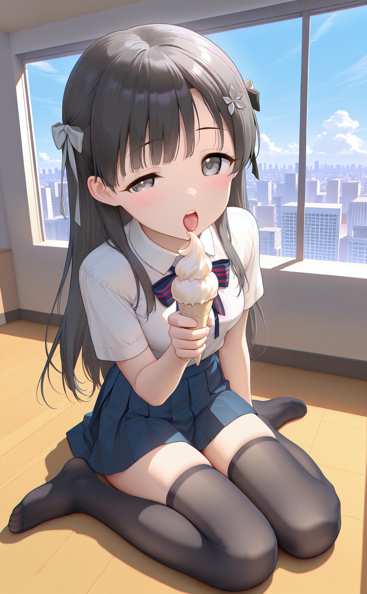 white_background,masterpiece,very aware,highres,absurdres,newest,best quality,loli,petite,high quality,chromatic_aberration,//,1girl,thighhighs,solo,skirt,wariza,indoors,blue_skirt,food,ice_cream,sitting,long_hair,black_thighhighs,shirt,looking_at_viewer,ice_cream_cone,white_shirt,hair_ornament,holding_food,short_sleeves,kobayakawa_sae,window,holding,on_floor,pleated_skirt,no_shoes,open_mouth,breasts,incoming_food,black_hair,grey_eyes,blush,zettai_ryouiki,sky,full_body,day,hair_bow,school_uniform,wooden_floor,blue_sky,feet,miniskirt,bow,blunt_bangs,tongue,thighs,toes,cloud,tongue_out,half-closed_eye,ribbon,small_breasts,building,legs,medium_breasts,city,cityscape,//,//,absurdres,newest,very aesthetic,amazing quality,highres,sensitive,highres,ultra detailed,best anatomy,HDR,8K,high detail RAW color art,high contrast,//,<lora:nyalia22——【noob】hans:0.4>,<lora:himitsu——【noob】hans:1>,