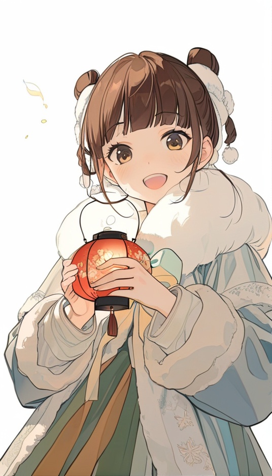 (best quality), ((masterpiece)), (highres), illustration, original, extremely detailed,licg, 1girl, solo, open mouth, brown hair, holding, fur trim, smile, brown eyes, simple background, looking at viewer, bangs, long sleeves, white background, lantern, double bun, holding lantern, ribbon <lora:Old wind-000004:0.9>