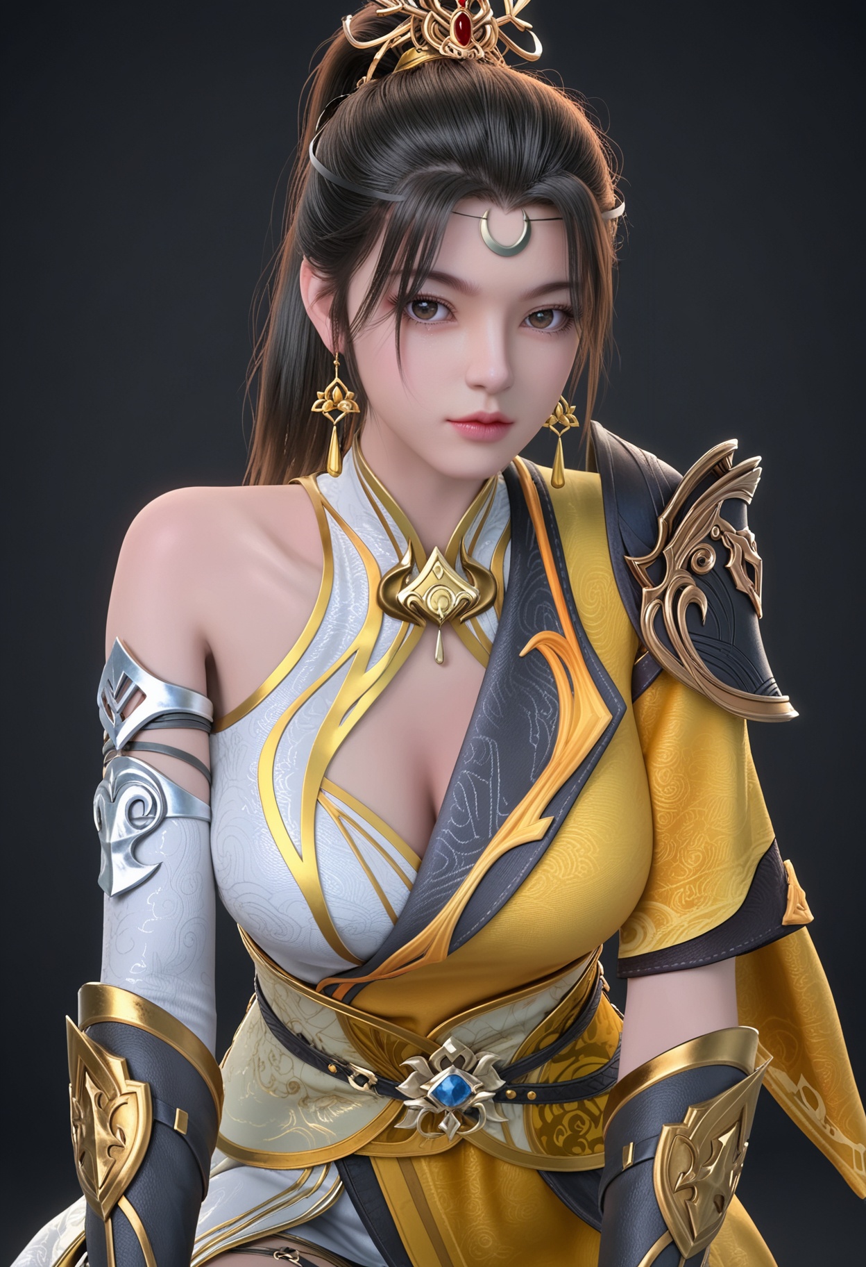 (score_9:1.1),(perfect_anatomy:1.1),upper_body,blurry background,depth of field,(looking_at_viewer:1.1),<lora:YQponyjiqianfanV4-000005:0.8>,q1528437228,solo,1girl,black_hair,hair_ornament,jewelry,earrings,dress,ponytail,long_hair,breasts,chinese_clothes,crescent,forehead_mark,armor,clothing_cutout,facial_mark,boots,brown_hair,realistic,brown_eyes,lips,bare_shoulders,cleavage,cleavage_cutout,knee_boots,asymmetrical_sleeves,yellow_dress,white_dress,hair_bun,detached_sleeves,shoulder_armor,thigh_strap,crescent_earrings,asymmetrical_clothes,gloves,single_hair_bun,elbow_gloves,sash,black_footwear,(simple background,pure black background,black background:1.3),fair_skin,white_skin,shiny_skin,Ivory_skin,perfect_anatomy BREAK perfect_anatomy,(score_9:1.1),cinematic lighting,volumetric lighting,professional lighting,fair_skin,white_skin,shiny_skin,Ivory_skin,perfect_anatomy,