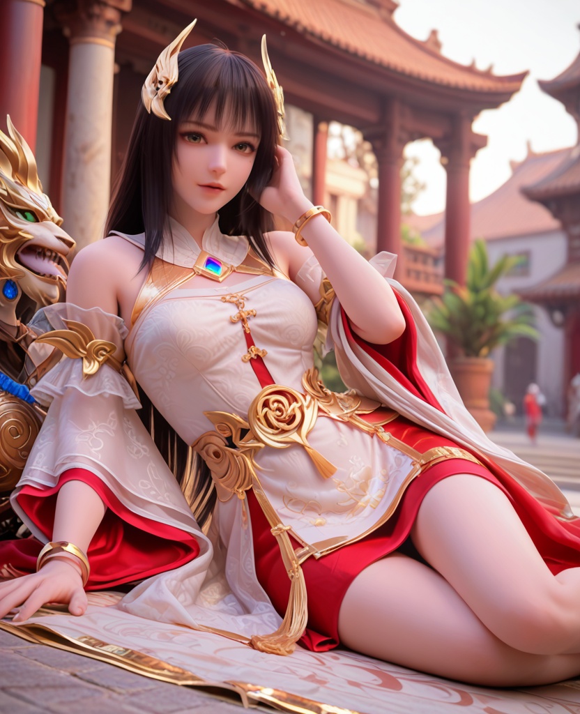 (oriental architecture, elegant decor, sophisticated style:1.1),lying against the ground, hand on head,(breasts:1.2),<lora:XL完美世界灵凤:0.95>,miss lingfeng,solo,white dress,sash,red underskirt,detached sleeves,green eyes,mole under left eye,black hair,bangs,long hair,hair ornament,bare shoulders,wide sleeves,gem,jewelry,bracelet,barefoot,anklet,, zPDXL2, score_9, score_8_up, score_7_up BREAK realistic, masterpiece,best quality, highly detailed,, zPDXL3, zPDXL2,zPDXL, zPDXLxxx, zPDXLrl,