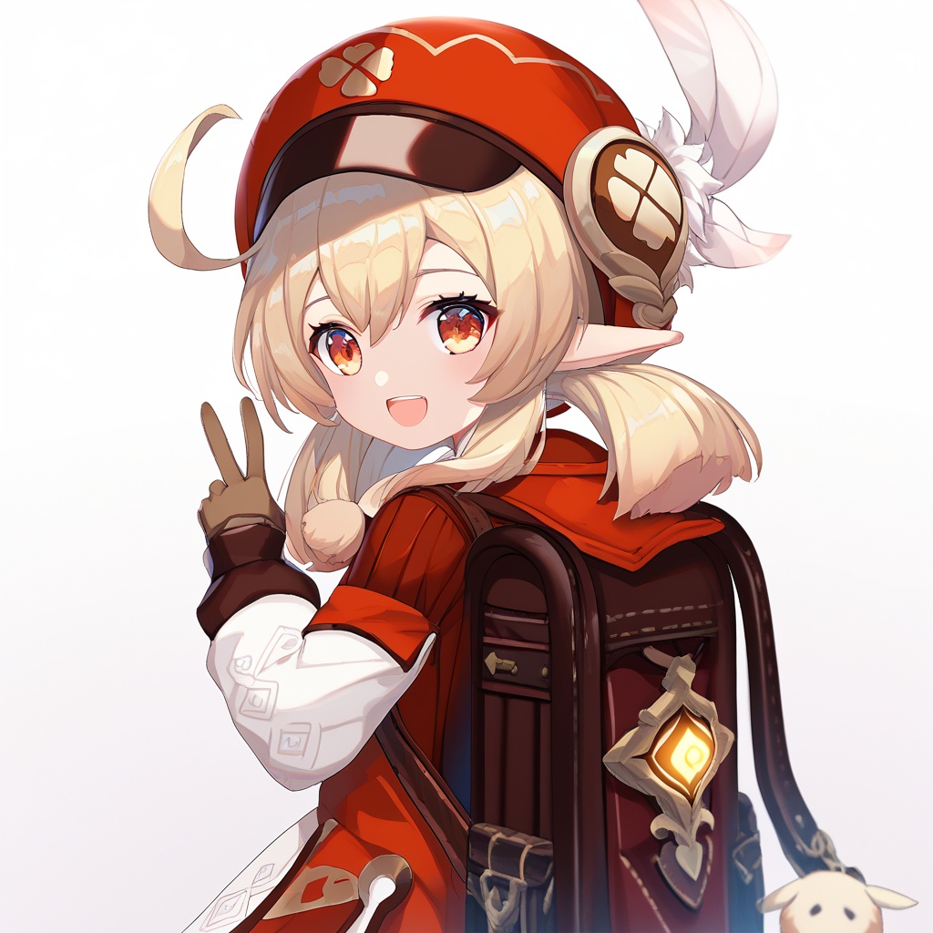 score_9,score_8_up,score_7_up,score_6_up,source_anime,source_cartoon,<lora:kleeTponyXL-000001:1>,klee \(Shooting Spark\), klee \(genshin impact\), 1girl, solo, red cabbie hat, pointy ears, looking at viewer, randoseru, randoseru, brown gloves, smile, red headwear, twintails, v, long sleeves, hat feather, open mouth, dodoco \(genshin impact\), ahoge, :d, blonde hair, hair between eyes, looking back, red cabbie hat, red eyes, white background, simple background, from behind, loli