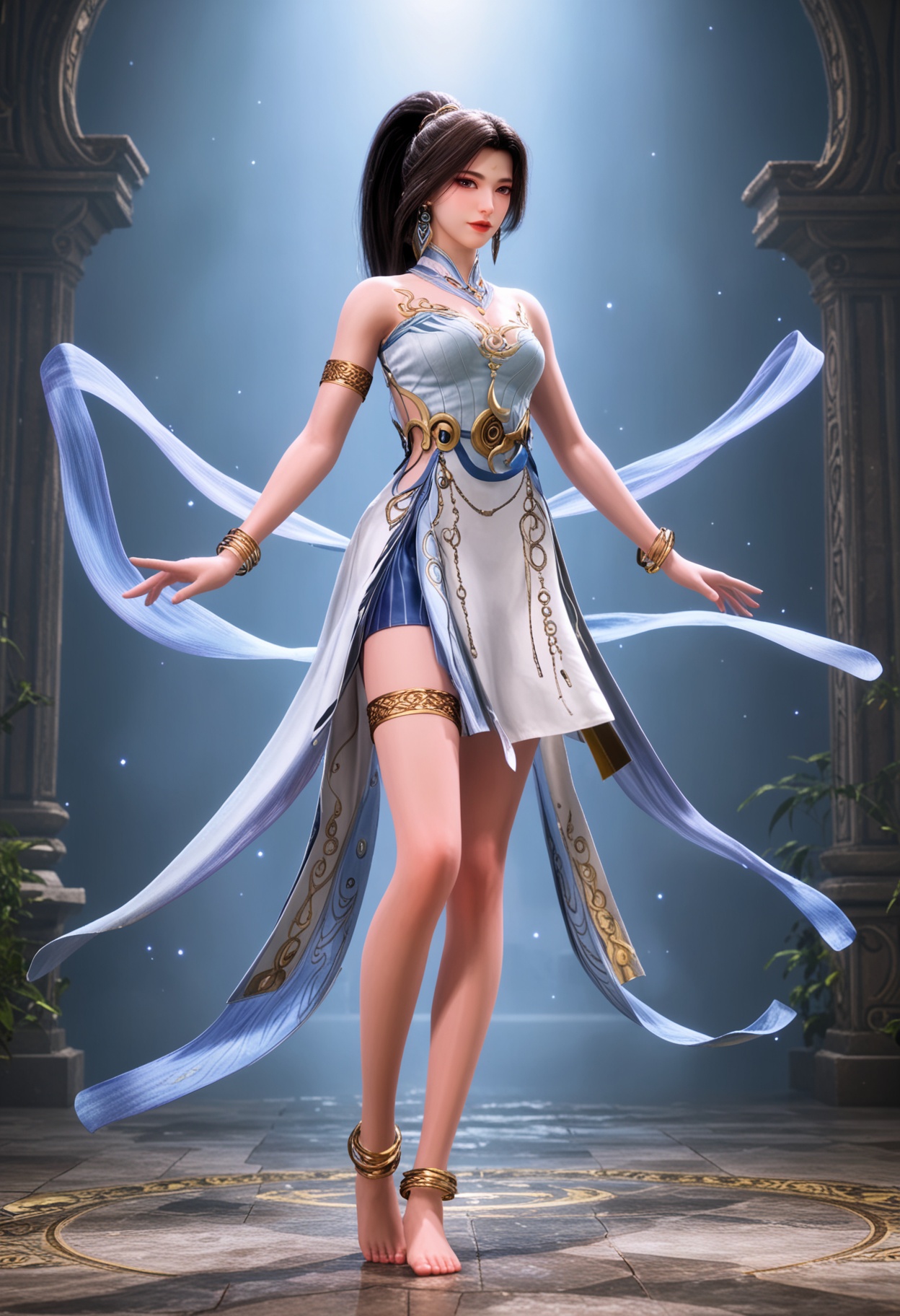score_9,high detail,best quality,cinematic lighting,volumetric lighting,shiny skin,shiny,1girl,solo,high_ponytail,barefoot,anklet,jewelry,transparent background,full body,bracelet,dress,standing,earrings,armlet,black hair,bare shoulders,white dress,thighlet,bare legs,short dress,looking at viewer,<lora:QQSponyhengeV1:0.8>,<lora:Pony_DetailV2.0:0.8>,<lora:皮肤凹痕:0.1>,