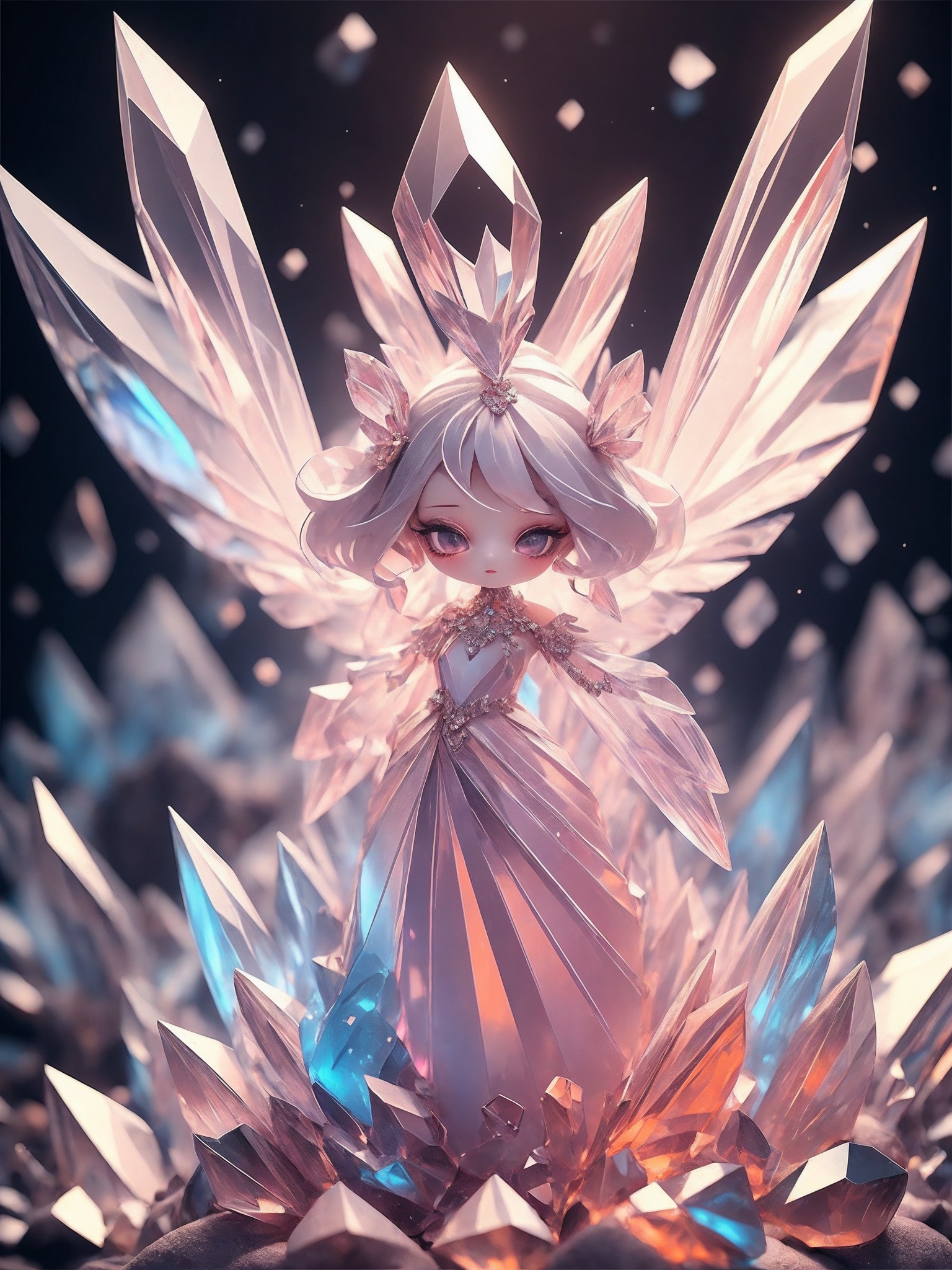 huge crystal wings, 1girl, realistic, crystal, jewelry, refraction, c4d, nice background, complex background, horizontal, depth of field, dress, full body shot,chibi