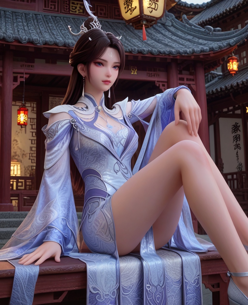(oriental architecture, elegant decor, sophisticated style:1.1),(legs crossed:1.1),(breasts:1.2),<lora:XL宗门卧底沧月公主:0.95>,miss cangyue,blue white dress,double sleeve,lace bra,blue eyes,white foil under the left eye,eyeshadow,forehead mark,hair ornament,hair bun,long hair,earrings,pelvic curtain,, score_9,score_8_up,score_7_up,score_6_up,score_5_up,score_4_up,3d rendering,tag1,tag2, Cinematic Lighting,backlighting,