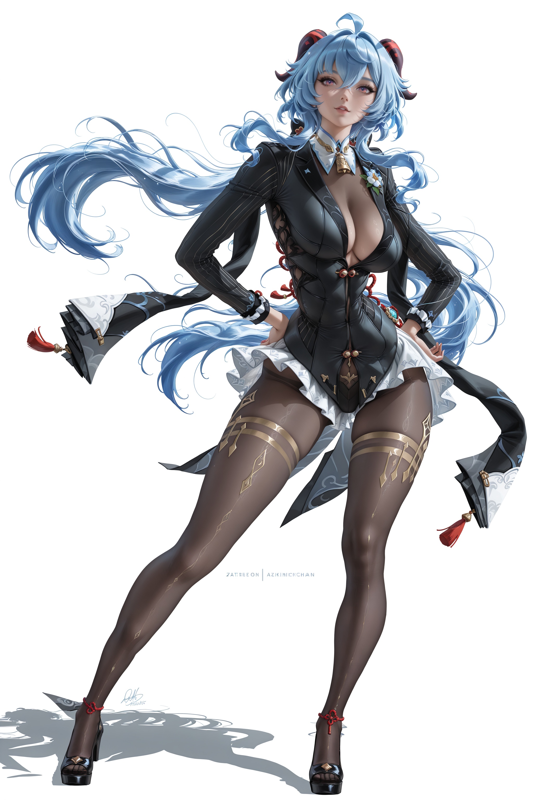 (8k:0.9),best quality,masterpiece,(ultra-detailed),(high detailed skin),masterpiece,best quality,artist:zd_1995,artist:OlchaS,artist:sakimichan,sakimichan \(style\),jijia,2d,ambient light,full body,full shot,standing,looking at viewer,(solo:1.2),simple background,(white background:1.2),hand on own hip,(white background:1.1),ganyu \(genshin impact\),<lora:yixuan-moxin-ill-Tanger:0.85>,clothes: moxing black suit,white  ruffled underdress peeks,attached auxiliary sleeves,black pantyhose,moxing black suit jacket,