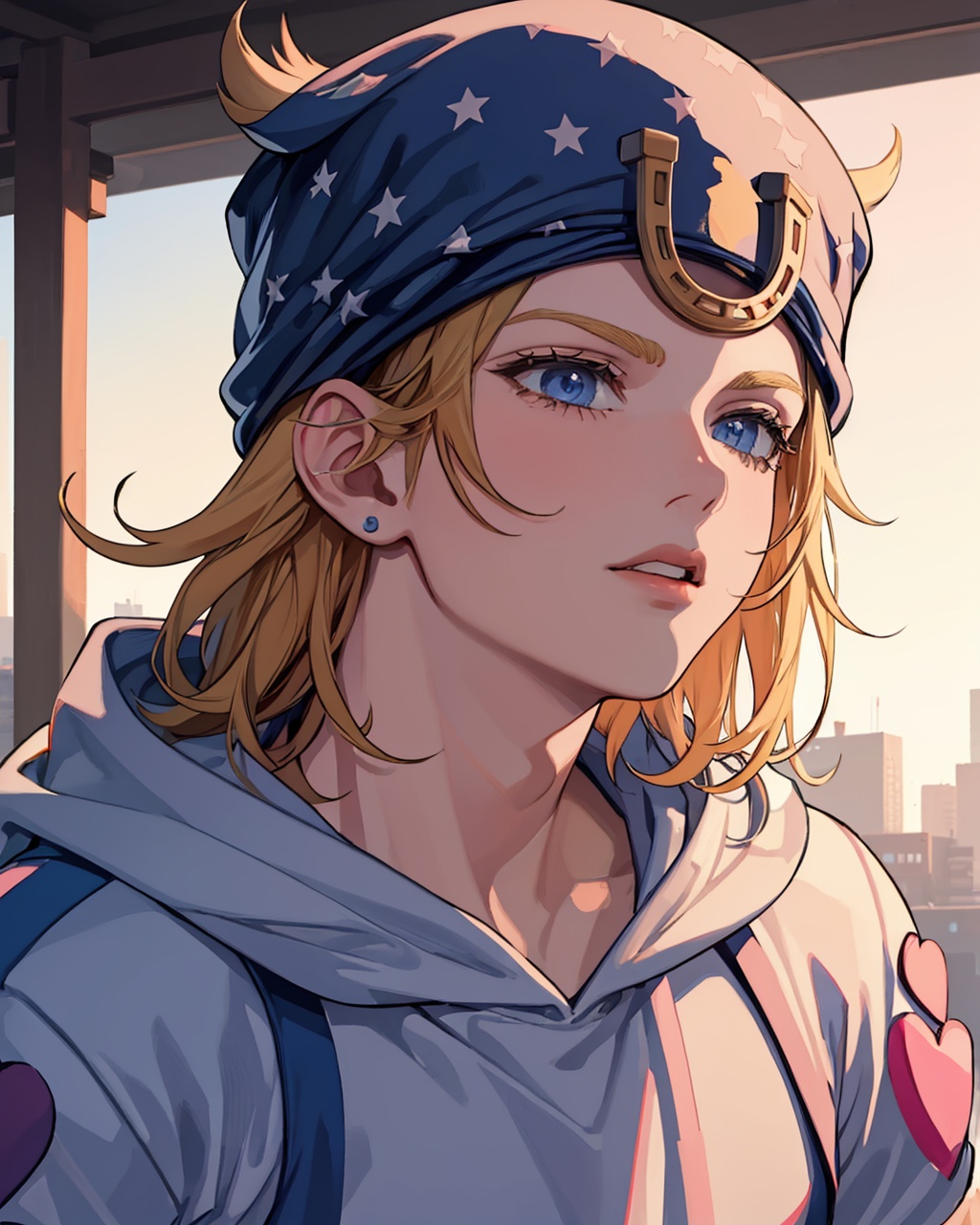 masterpiece,best quality, highly detailed, johnny joestar, hat, hoodie, male focus, 1boy, 2boys, solo,<lora:johnny_joestar:1>