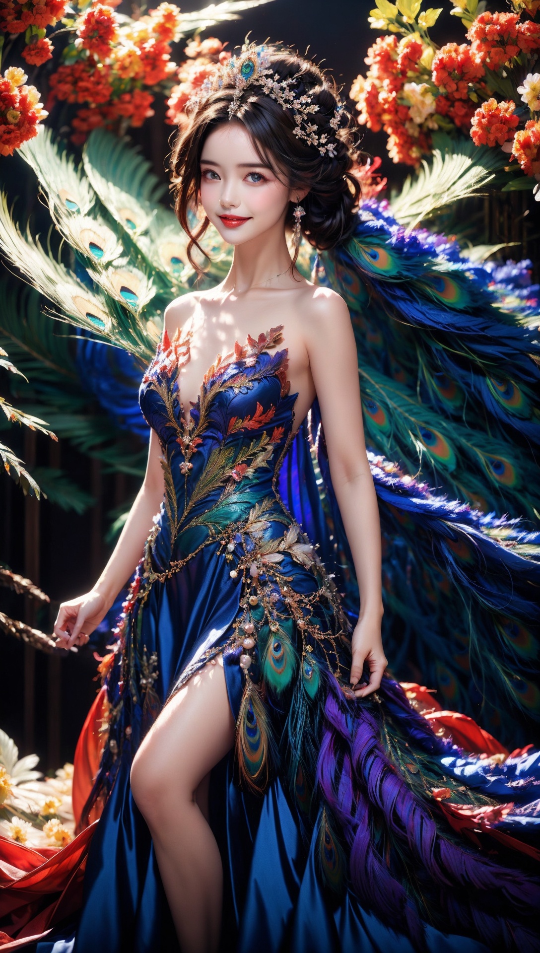 1girl, dress, solo, black hair, bare shoulders, hair ornament, flower background, breasts, hair bun, looking at viewer, strapless, strapless dress, standing, smile, red lips, feathers, peacock feather, flower, collarbone, tiara,<lora:Again_Style:1>