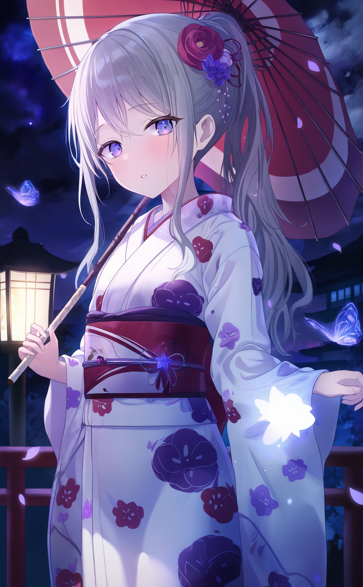 masterpiece,absurdres,best quality,loli,petite,high quality,//,1girl, japanese clothes, kimono, solo, flower, umbrella, oil-paper umbrella, purple eyes, long hair, holding, purple flower, hair ornament, floral print, sky, holding umbrella, white hair, ponytail, night, hair flower, sash, blush, looking at viewer, print kimono, obi, lantern, outdoors, wide sleeves, parted lips, white kimono, long sleeves, butterfly, night sky, bug, red umbrella, hair between eyes, grey hair, petals, red flower, star (sky), starry sky, very long hair, floral print kimono, falling petals, sidelocks, east asian architecture, architecture//,<lora:timmoo2——【noob】hans:1>,