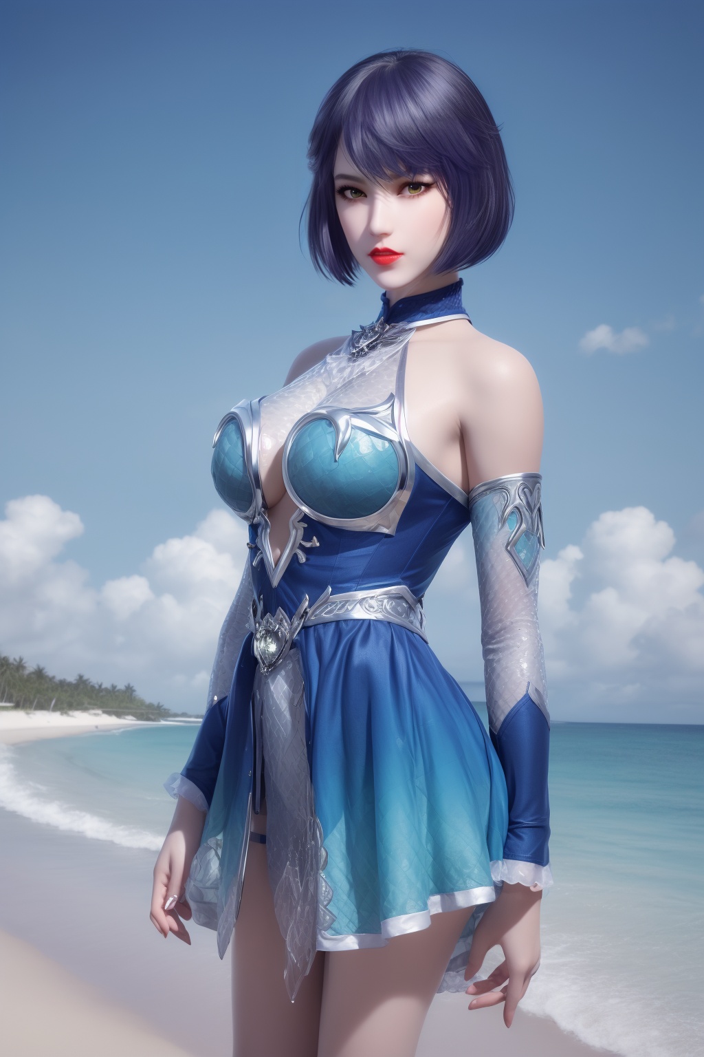 photo_\(medium\),(8k, RAW photo, best_quality),(masterpiece:1.2),(realistic:1.2),(photorealistic:1.3),(ultra-detailed),(extremely_detailed_cg_8k_wallpaper),(crystal_texture_skin:1.3),(shiny:1.2),(shiny_skin:1.4),(extremely_delicate_and_beautiful),(Summer,Beach,Sea,sunshine),shenfengDuGuYan,1girl,solo,short dress,charm,breasts,large breasts,detached sleeves,detached collar,short hair,standing,jewelry,hair ornament,red lips,realistic,looking at viewer,<lora:shenfengDuGuYan_20240506140926-000004:0.7>,