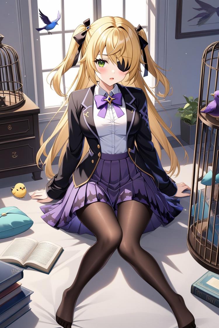 1girl, solo, long hair, breasts, looking at viewer, blush, open mouth, bangs, skirt, blonde hair, shirt, long sleeves, bow, ribbon, sitting, school uniform, green eyes, jacket, hair ribbon, white shirt, pantyhose, pleated skirt, indoors, bowtie, bag, two side up, black jacket, book, black pantyhose, bird, no shoes, eyepatch, stuffed toy, stuffed animal, purple skirt, purple bow, yokozuwari, purple bowtie, cage, fischl \(genshin impact\)