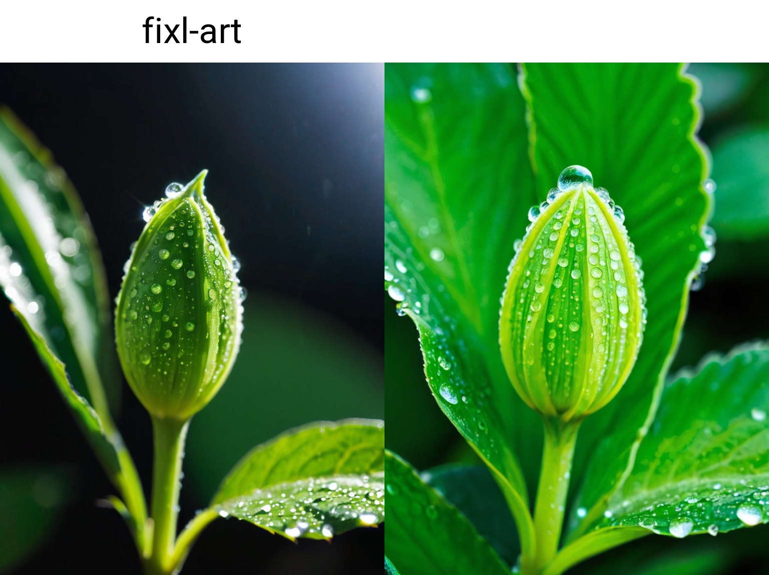 still life blossoming bud alien flower,  morning dew on leaves,  fixl-art on Tensor.Art