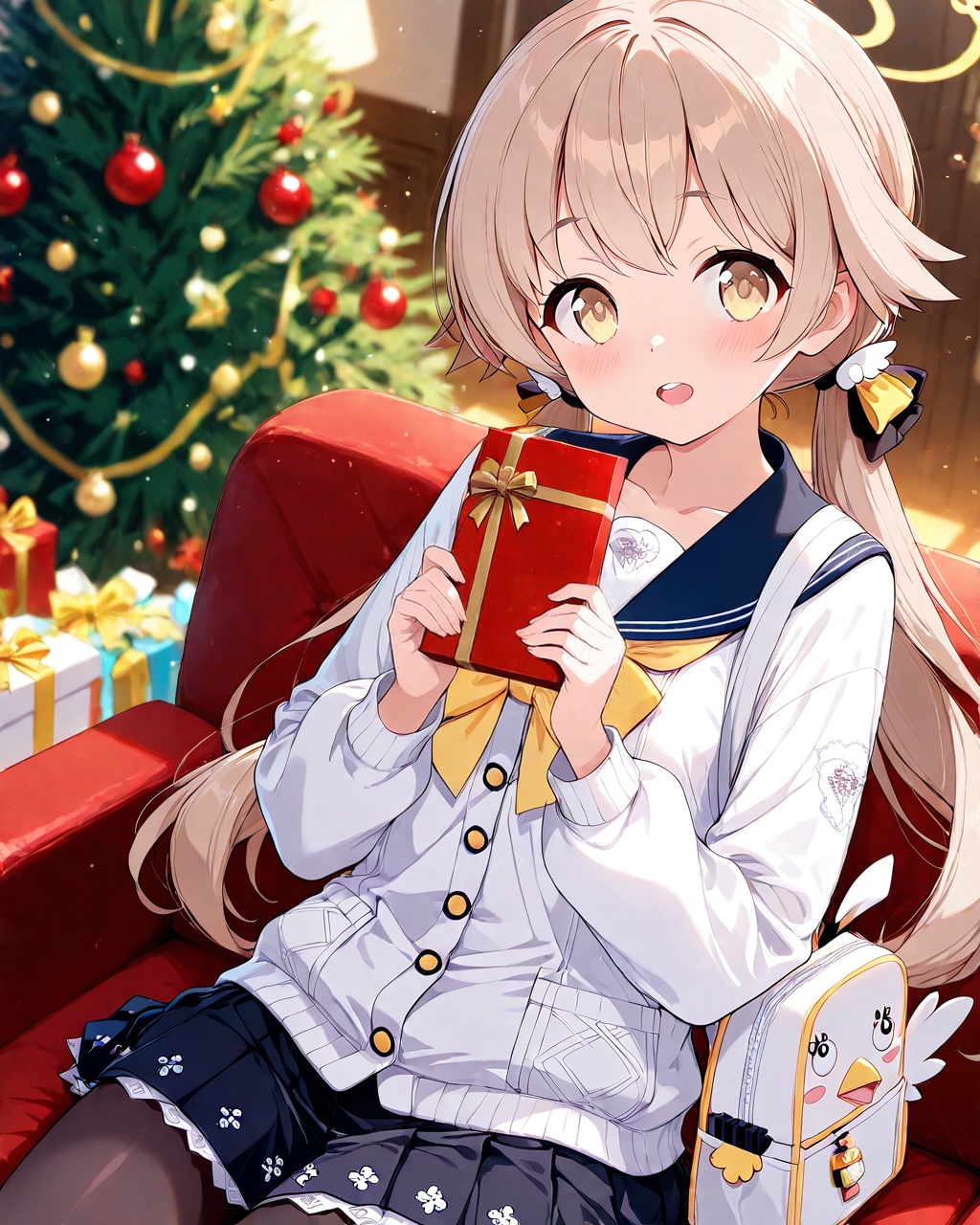 O,ultra detailed anime texture,hifumi (blue archive),1girl,solo,twintails,blush,school uniform,halo,yellow eyes,looking at viewer,bag,low twintails,skirt,long hair,open mouth,blurry,light brown hair,blurry background,gift,pantyhose,pleated skirt,ribbon,holding,(UHD),anatomically correct,accurate,textured skin,super detail,high details,award winning,best quality,high quality,retinal,HD,16k,1080P,