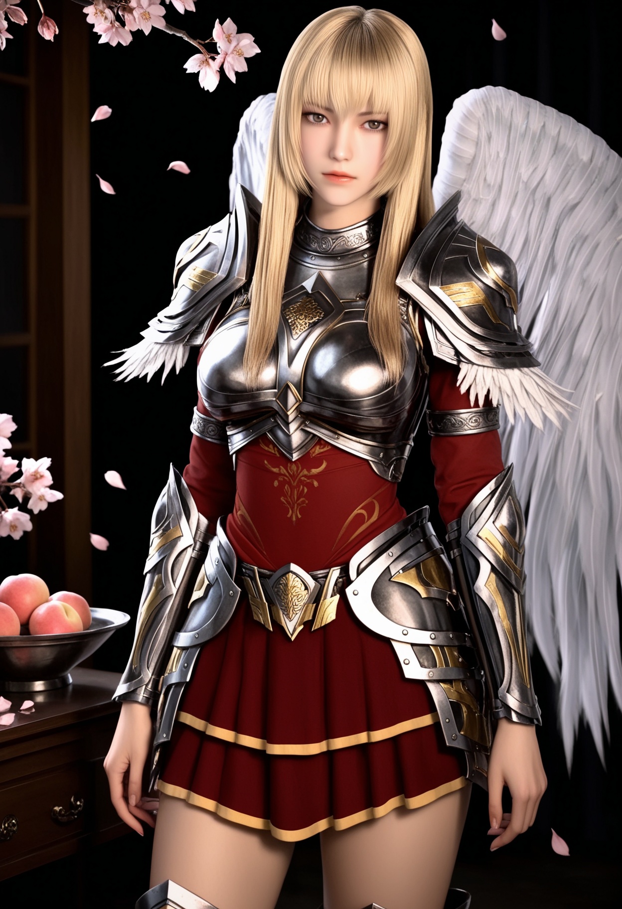 masterpiece,best quality,amazing quality,very aesthetic,high resolution,ultra-detailed,absurdres,scenery,photorealistic,(looking at viewer:1.1),(upper body:1.2),(Dark room:1.3),(moody lighting:1.1),peach blossom,falling petals,(large breasts:0.8),tianshiyan,1girl,blonde hair,solo,long hair,armor,shoulder armor,lips,angel wings,brown eyes,breastplate,realistic,skirt,boots,close-up,portrait BREAK photorealistic details,<lora:QQSilltianshiyanV1:0.8>,