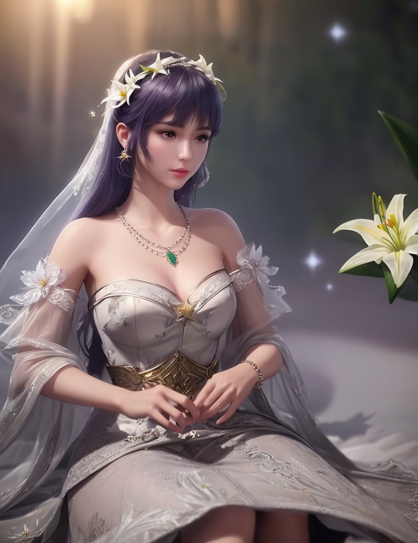 ultra realistic 8k cg, picture-perfect face, flawless, clean, masterpiece, professional artwork, famous artwork, cinematic lighting, cinematic bloom, perfect face, beautiful face, fantasy, dreamlike, unreal, science fiction,   lace, lace trim, lace-trimmed legwear,  (rich:1.4), prestige, luxury, jewelry, diamond, gold, pearl, gem, sapphire, ruby, emerald, intricate detail, delicate pattern, charming, alluring, seductive, erotic, enchanting, hair ornament, necklace, earrings, bracelet, armlet,halo((,1girl, pov,))  ((, 1girl, solo, star_\(symbol\),lily \(flower\),hair flower, dress, jewelry))<lora:DA_BaiChenXiang:0.6>