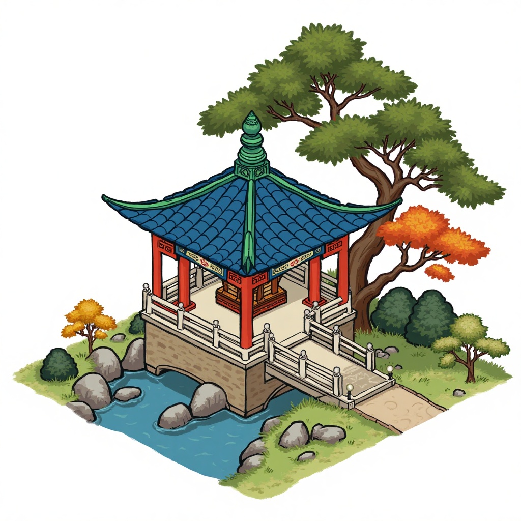 This is a digital drawing of a traditional Chinese pavilion with a blue tiled roof, red and green accents, and a stone bridge over a pond. The pavilion is surrounded by lush greenery, including a large pine tree and autumn-colored leaves. The scene is set against a white background, emphasizing the serene, natural beauty of the landscape