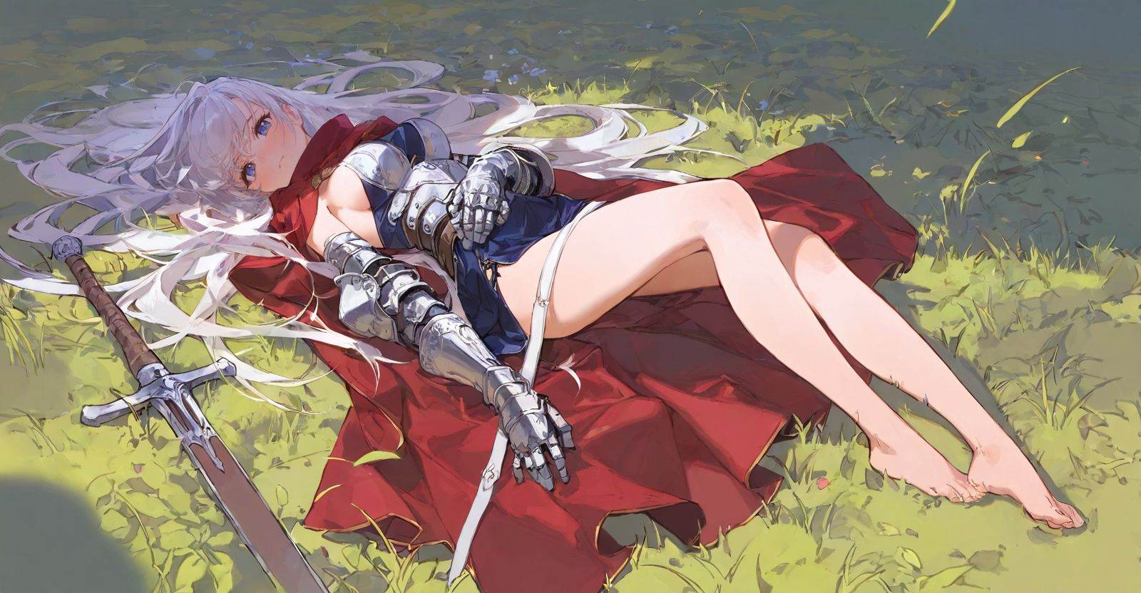 highres,extremely detailed 8k wallpaper,illustration,depth of field,great quality,masterpiece,best quality,amazing quality,very aesthetic,absurdres,Japanese fantasy style,artist:ciloranko BREAK<lora:Japanese fantasy style:0.8>, -1girl, barefoot, weapon, sword, long hair, gauntlets, solo, white hair, breasts, lying, sideboob, grass, on back, armor, bare legs, very long hair, dress, medium breasts, cape, looking at viewer, feet
