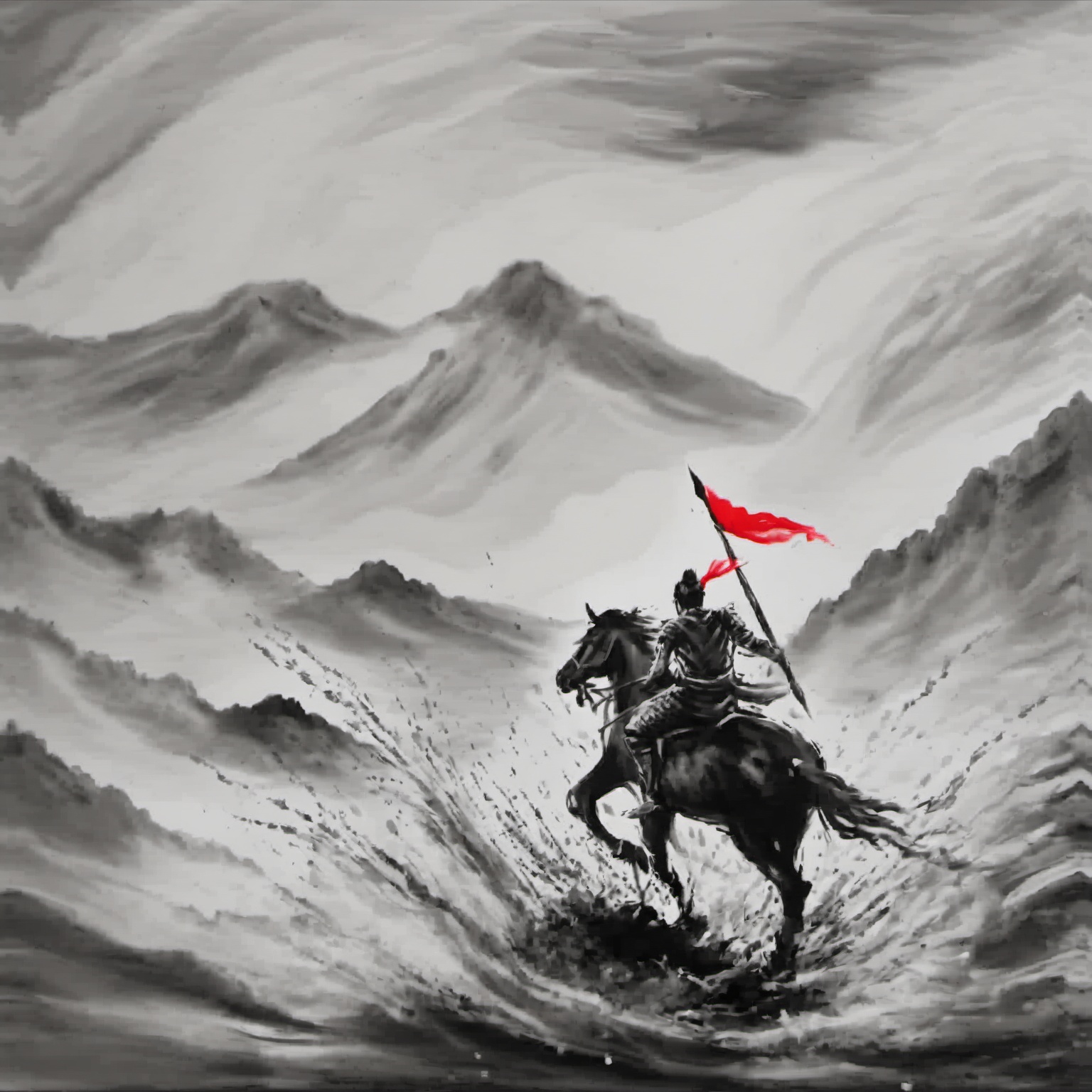 <lora:ink_xiakexing_xl_v1:0.8>,tree,mountains,ink painting,a painting of a man riding a horse through a storm of water with a red flag on his head,solo,1boy,holding,monochrome,weapon,male focus,holding weapon,polearm,spot color,bow \(weapon\),riding,horse,horseback riding,armor,letterboxed,arrow \(projectile\),