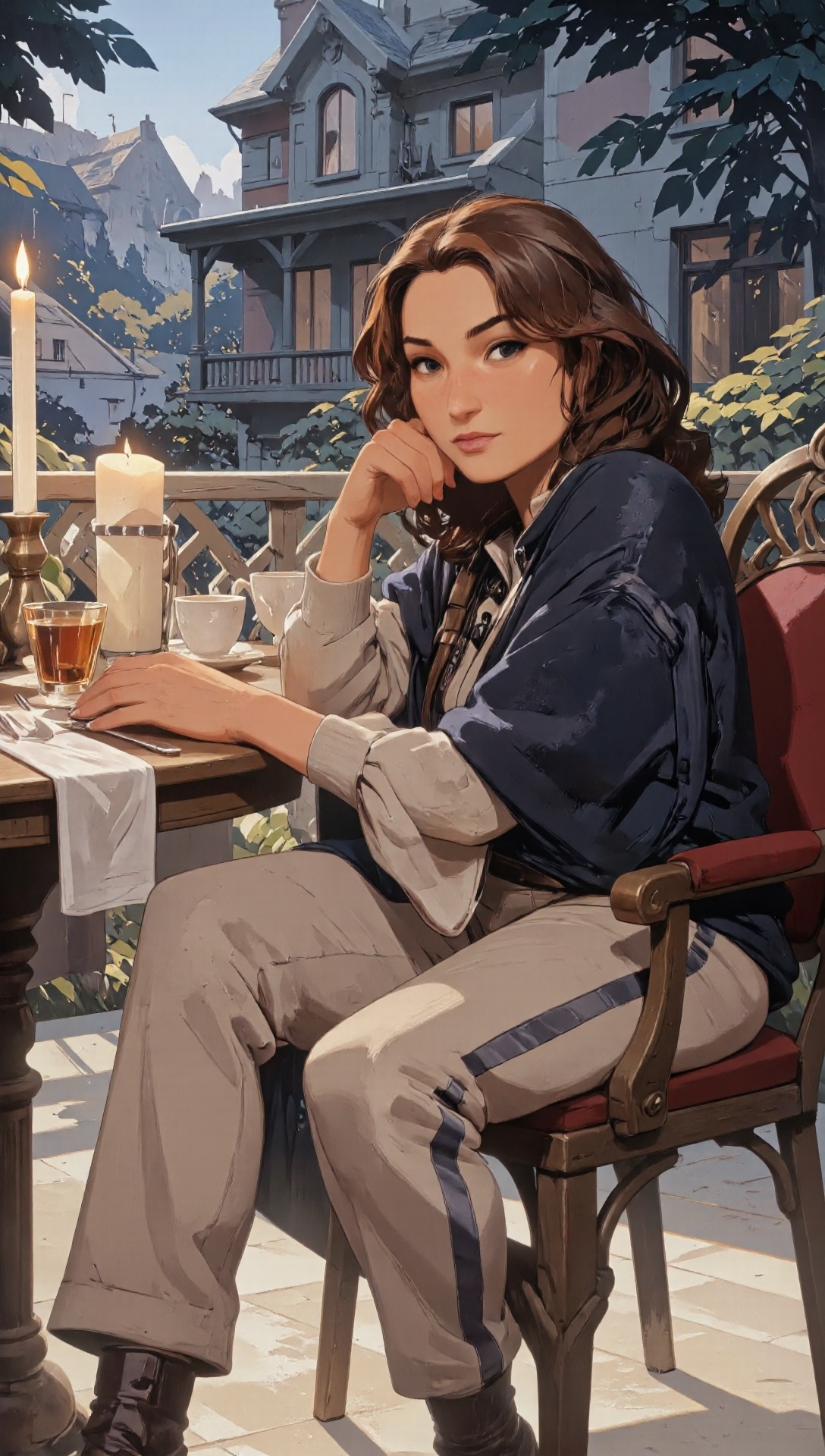 The image is a high-resolution fantasy photography of a 30y-o european woman with ash brown Flowy Mid-Length Layers hair....