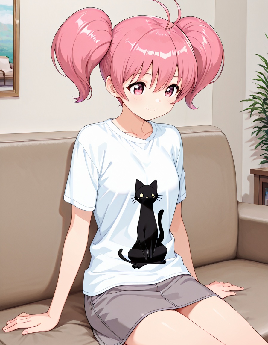 masterpiece, best quality, amazing quality,1girl, looking forward, cowboy shot, sofa, living room, indoors, sitting, smile, <lora:megumi_minami-tantei_gakuen_q_s1-v2-ixl-anime-soralz:1>, megumi minami (tantei gakuen q), short hair, twintails, antenna hair, pink hair, hair between eyes, pink eyes,white shirt, short sleeves, animal print, grey pencil skirt,, <lora:StS-Illustrious-Detail-Slider-v1.0:3>