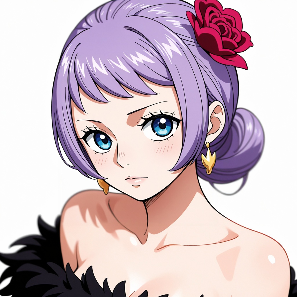 depth of field,masterpiece,best quality,very aesthetic,alternate costume,alternate costume,2024,2023,perfect composition,ultra-detailed,extreme aesthetic,masterpiece,best quality,good quality,newest,year 2024,year 2023,very aesthetic,absurdres,looking_at_viewer,colorful,<lora:卡莉娜:0.6>,Carina one piece,Carina\(one piece\),purple hair,blue eyes,short hair,hair ornament,hair flower,white_background,simple background,looking_at_viewer,bare shoulders,portrait,