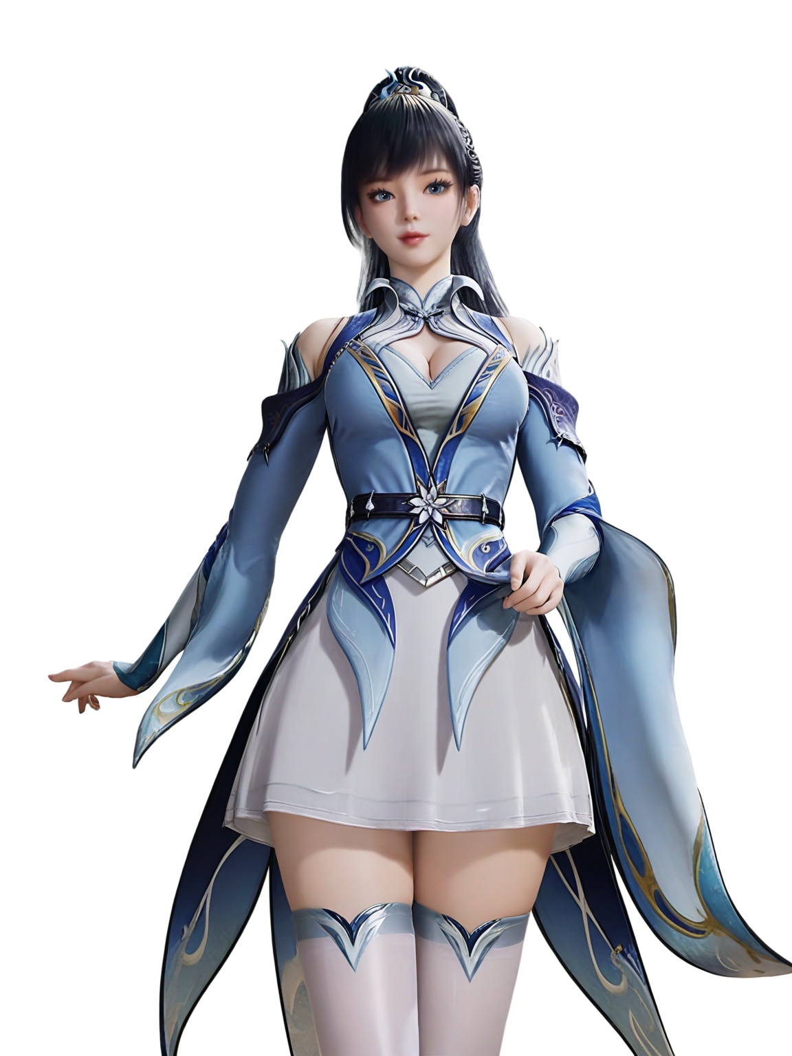 score_9,<lora:SF_TangYa_Pony_Realism2.3-000004:0.7>,1girl,solo,dress,bangs,eyelashes,black hair, large breasts, hair ornament,standing,skirt, thighhighs,looking at viewer,white background,simple background,cowboy_shot,